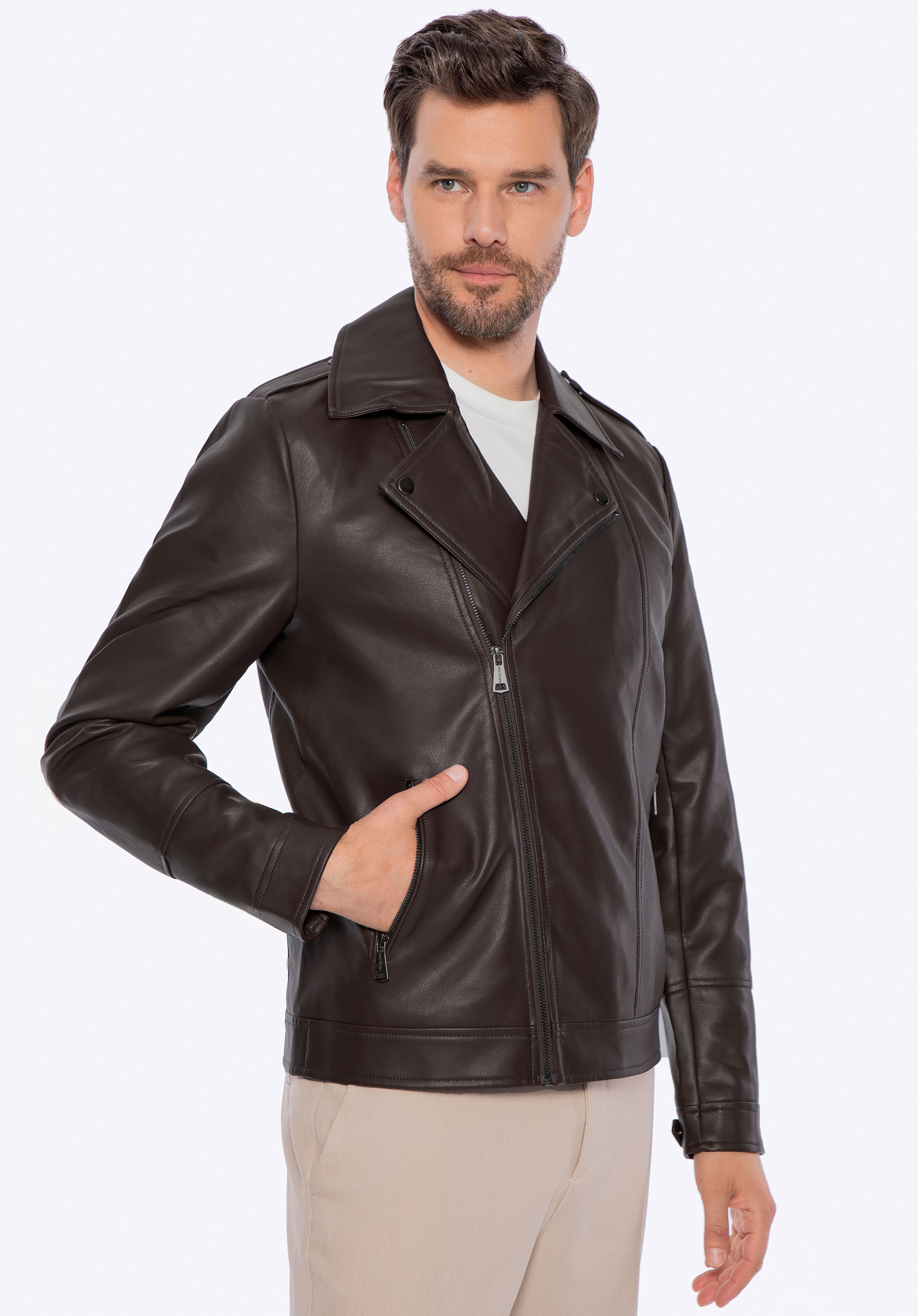 Чоловіча косуха з екошкіри з погонами, темно-коричневий, 97-9P-154-4-XL, Фото 1