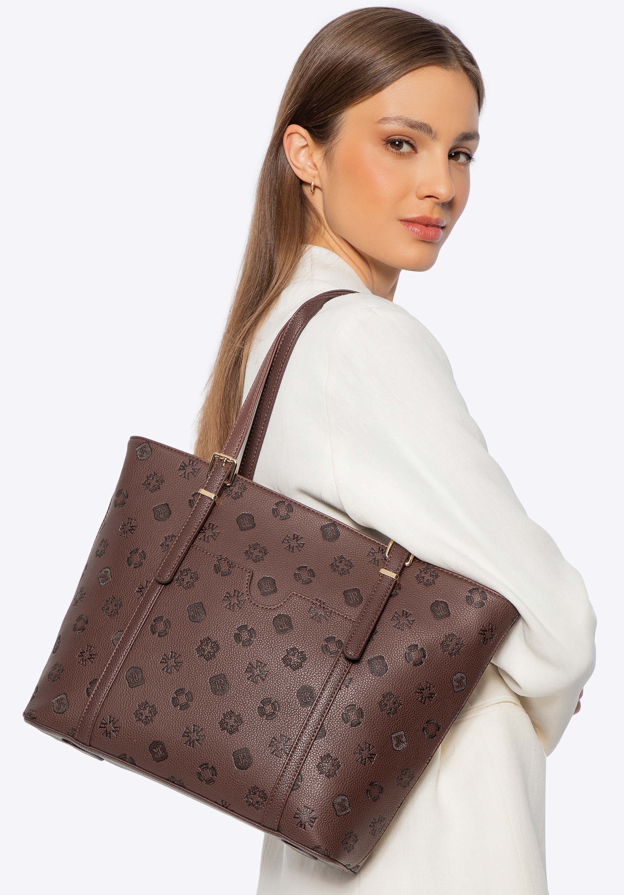 Жіноча сумка-шопер з екошкіри з тисненням, темно-коричневий, 101-4Y-P05-4, Фото 1