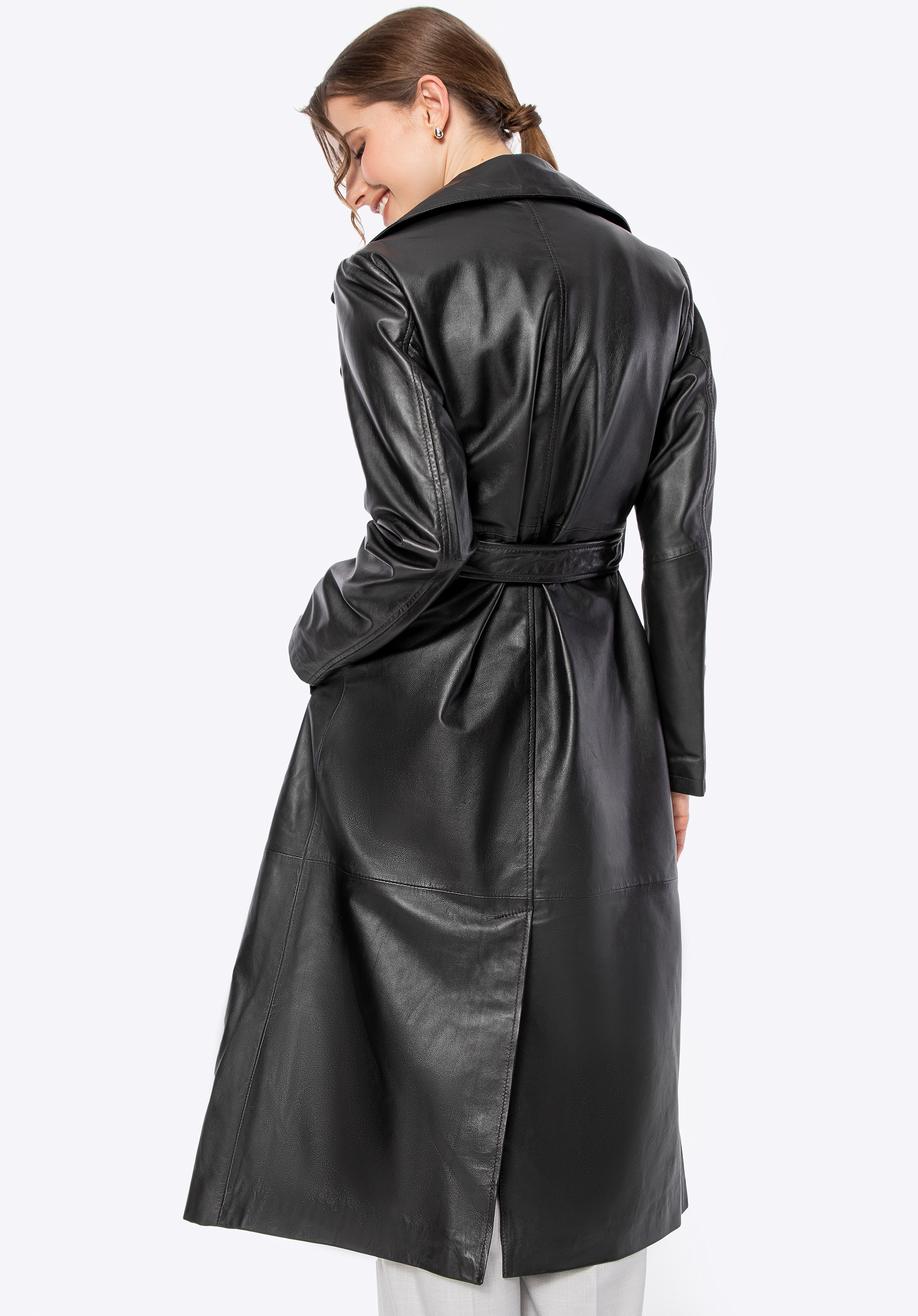 Жіноче шкіряне пальто з ременем, темно-коричневий, 100-09-811-4-L, Фото 1