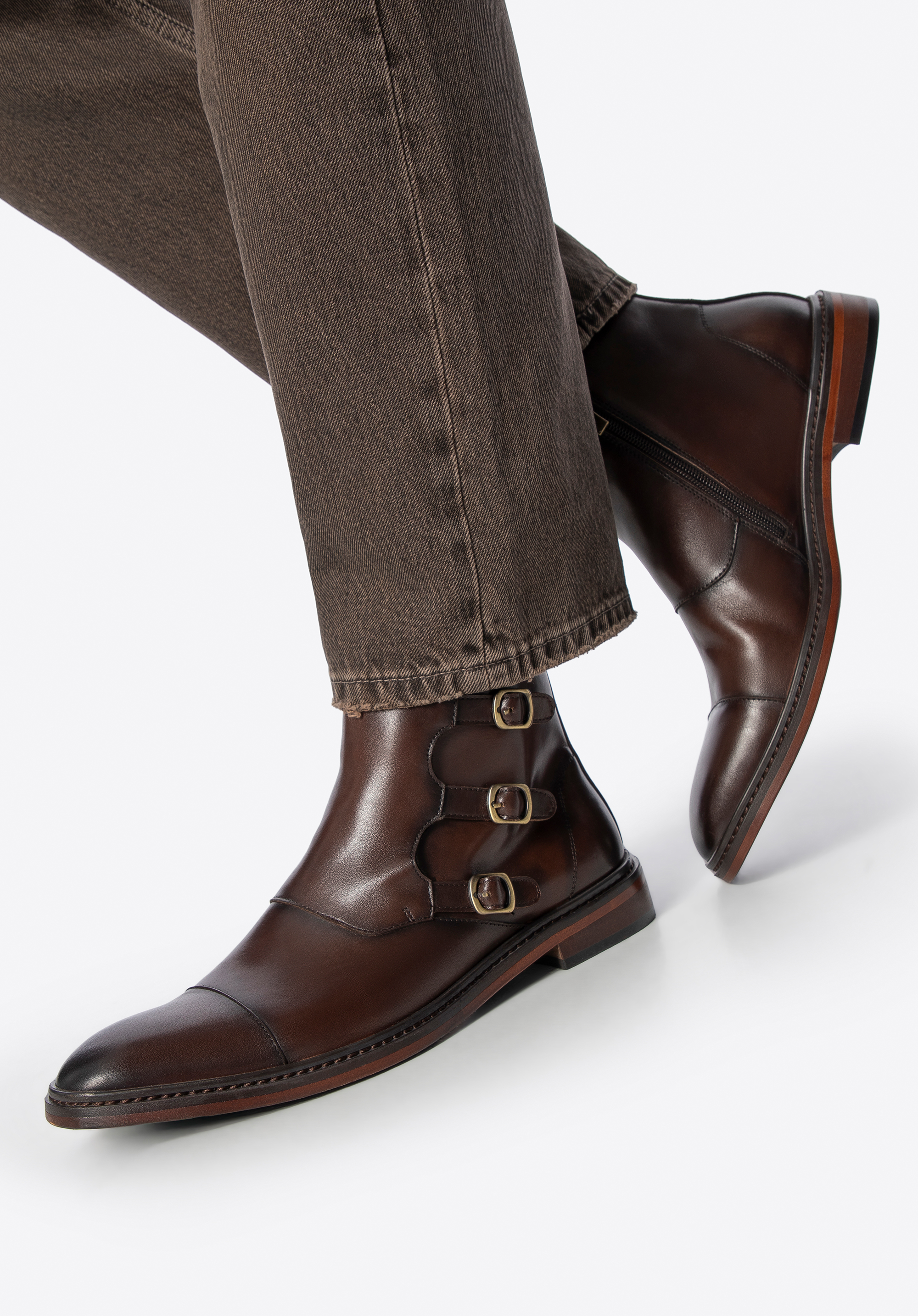 Чоловічі черевики з натуральної шкіри з декоративними пряжками, темно-коричневий, 101-M-500-4-41, Фото 1