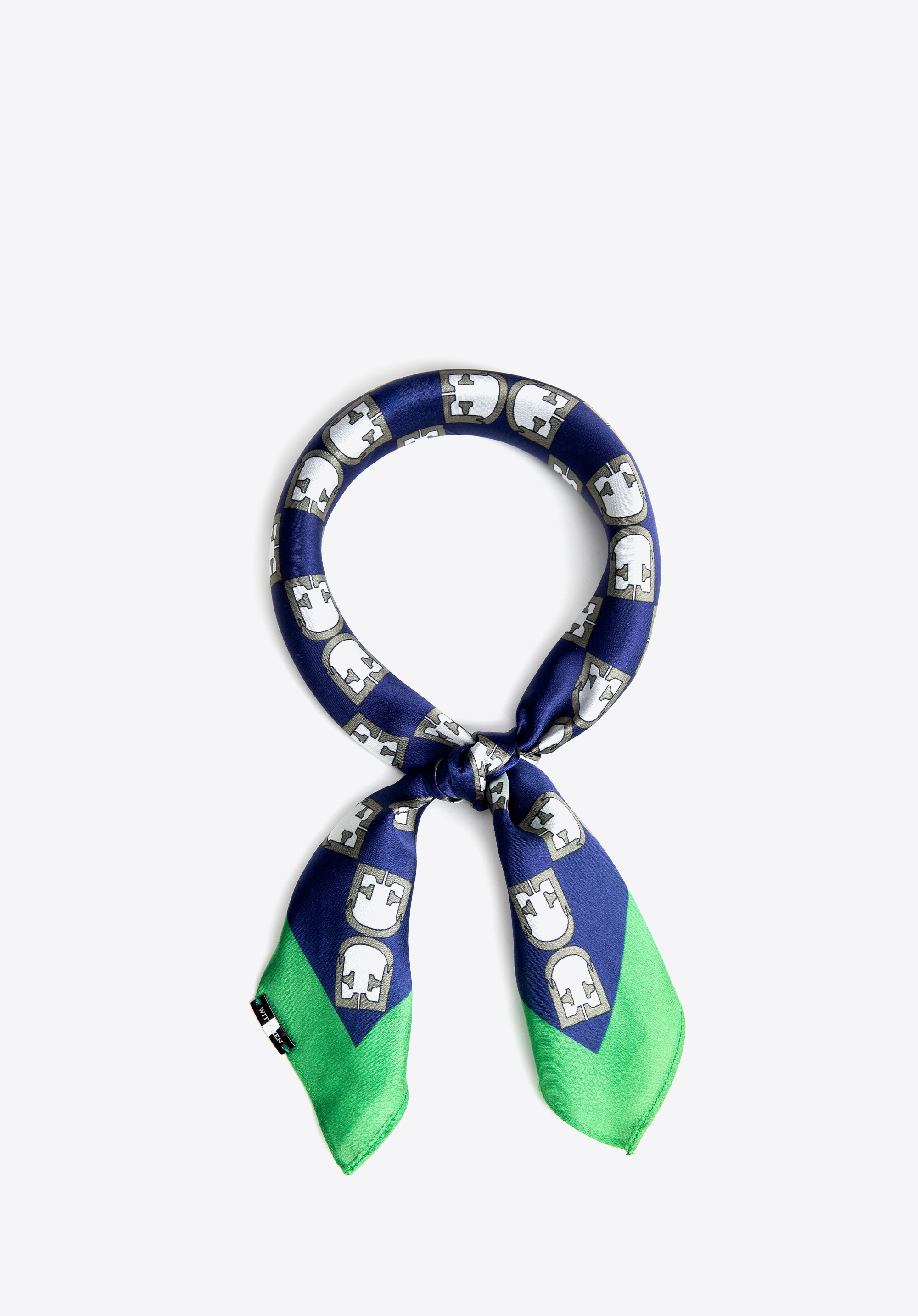Жіноча шовкова шаль з геометричною монограмою, темно-синій - зелений, 103-7D-S01-X4, Фото 1