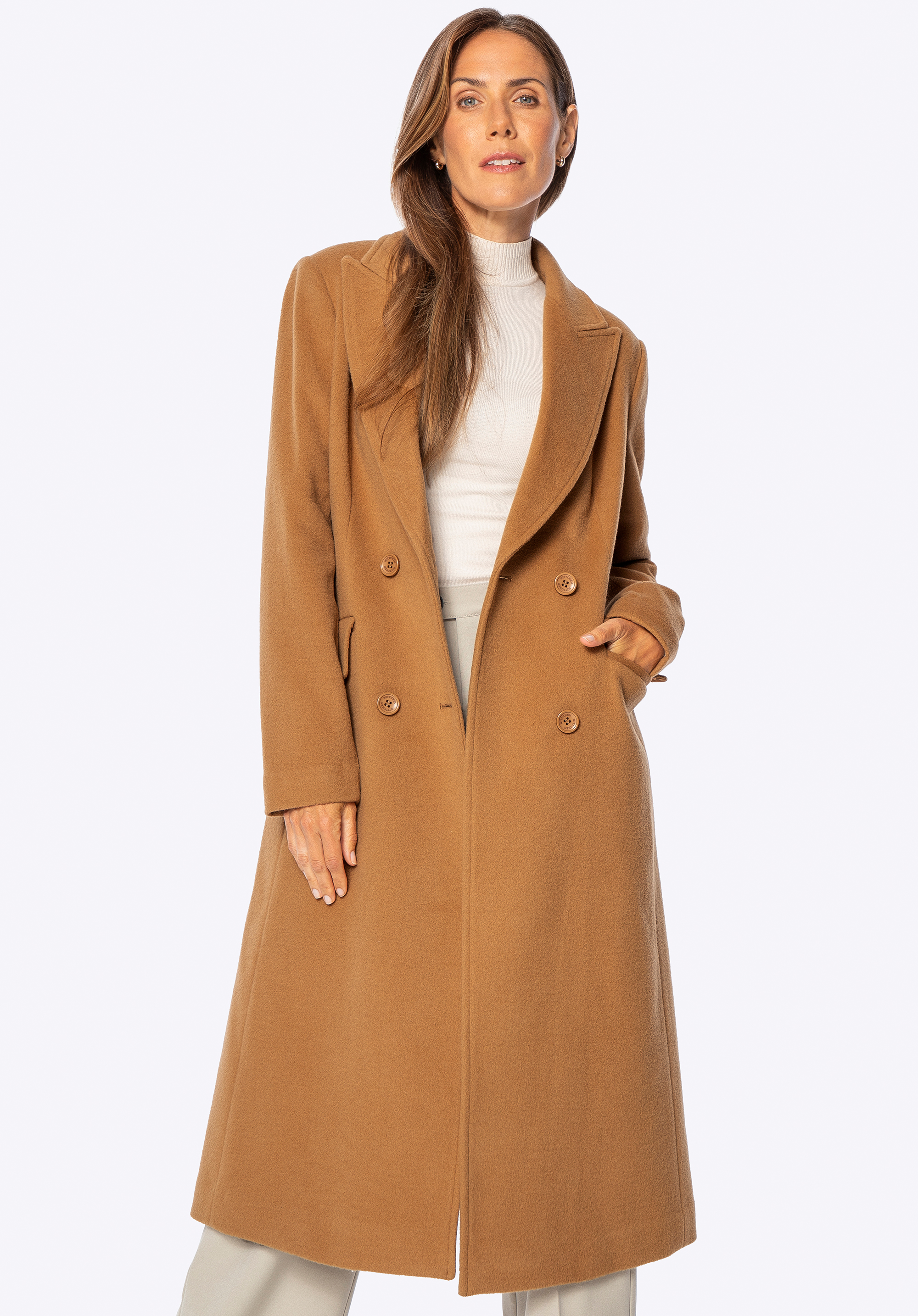 Női gyapjú és kasmír kabát, teve, 101-9W-703-5-XL, Fénykép 1