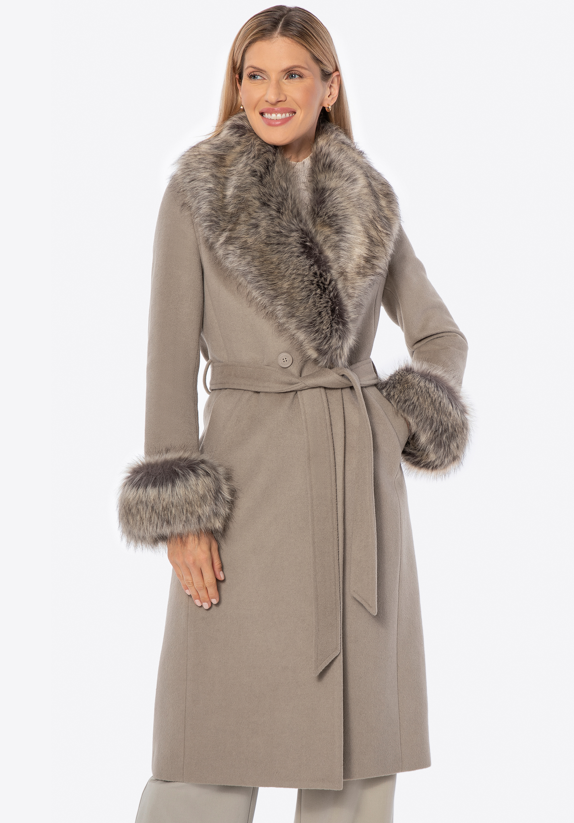 Dámský kabát ze směsi vlny s detaily z umělé kožešiny, tmavě béžová, 101-9W-500-9-L, Obrázek 1
