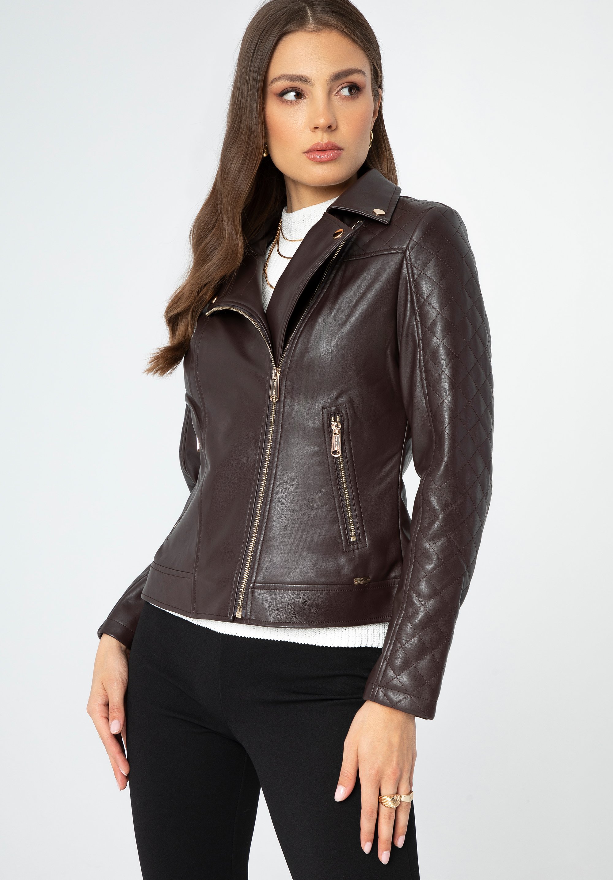 Dámská bunda z ekologické kůže s prošíváním, tmavě hnědá, 99-9P-101-4-M, Obrázek 1