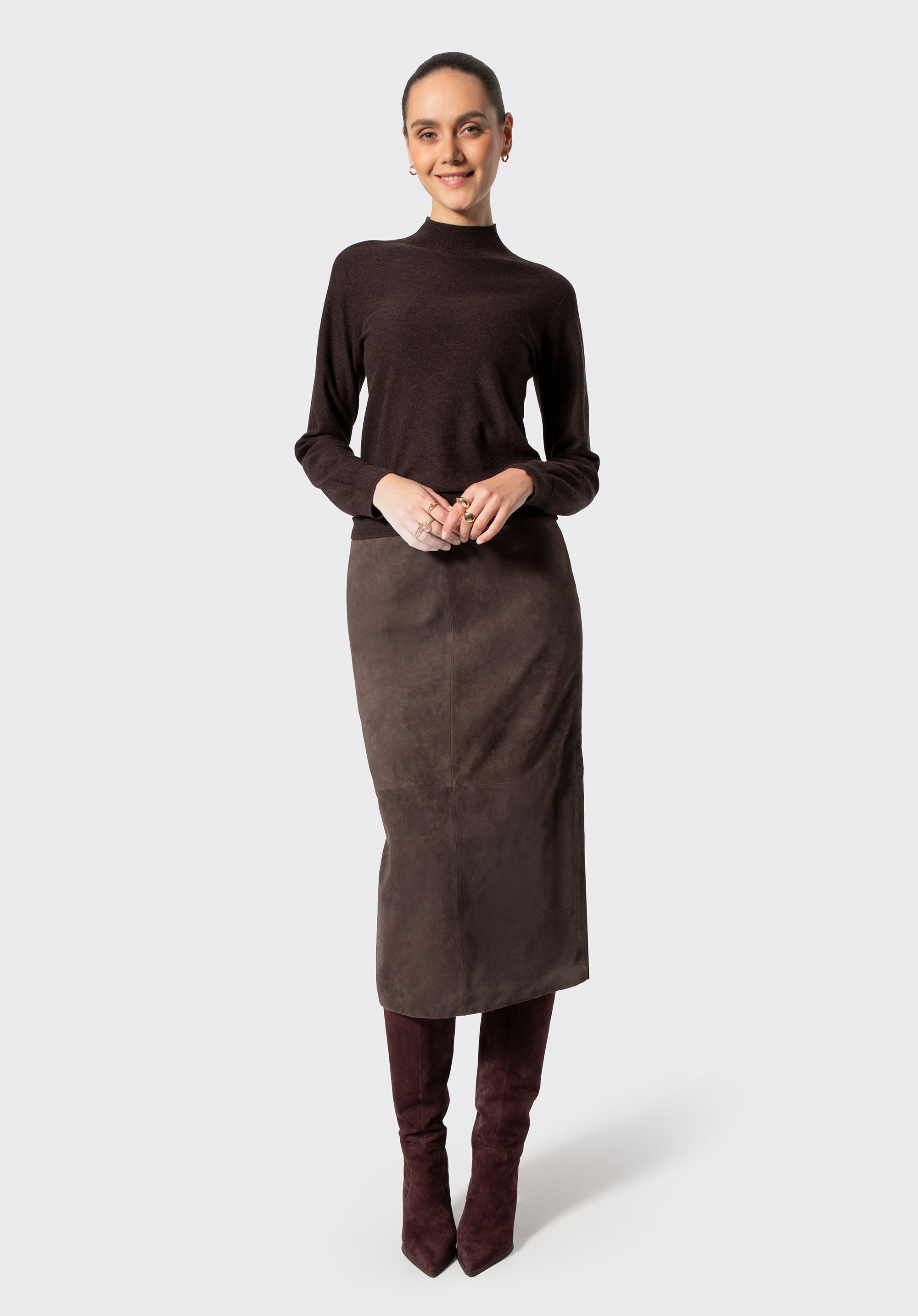 Dámská semišová midi sukně, tmavě hnědá, 29-09-409-4-XL, Obrázek 1