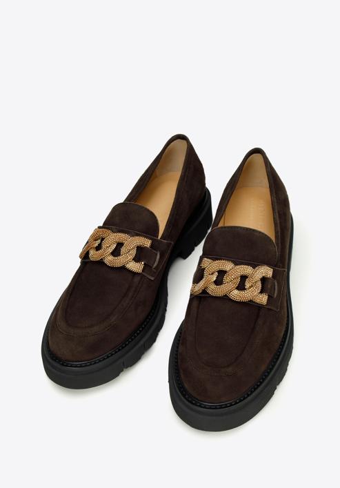Dámské semišové boty s ozdobným řetízkem na platformě, tmavě hnědá, 97-D-104-4-36, Obrázek 2