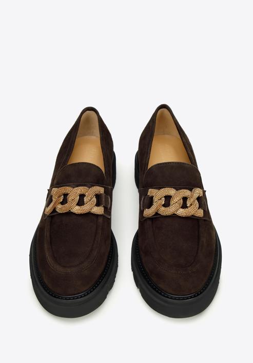 Dámské semišové boty s ozdobným řetízkem na platformě, tmavě hnědá, 97-D-104-4-36, Obrázek 3