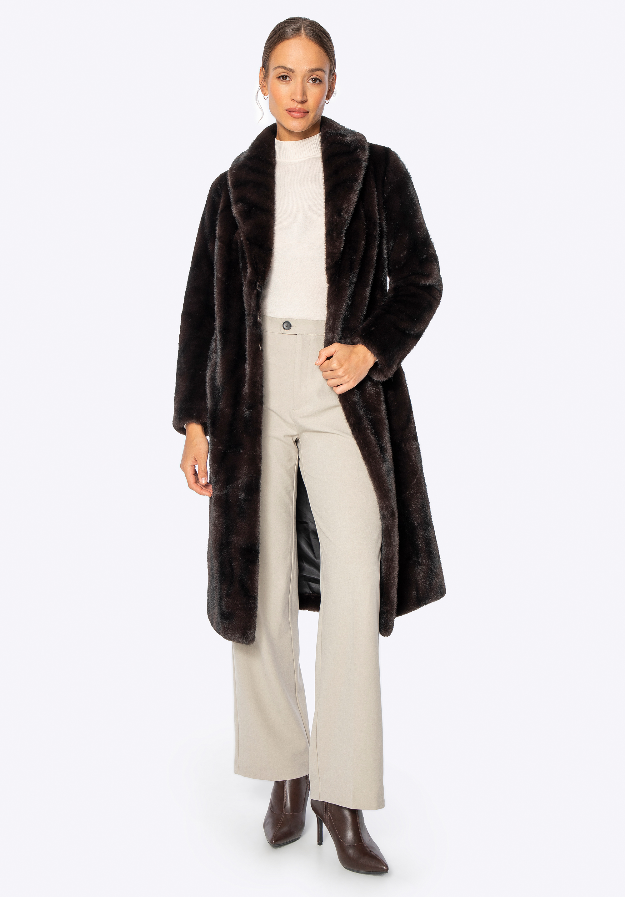 Dámský dlouhý kabát z umělé kožešiny, tmavě hnědá, 101-9W-004-4-XL, Obrázek 1