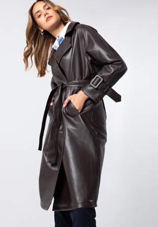 Dámský dvouřadý kabát z ekologické kůže s páskem, tmavě hnědá, 97-9P-100-4-XL, Obrázek 1