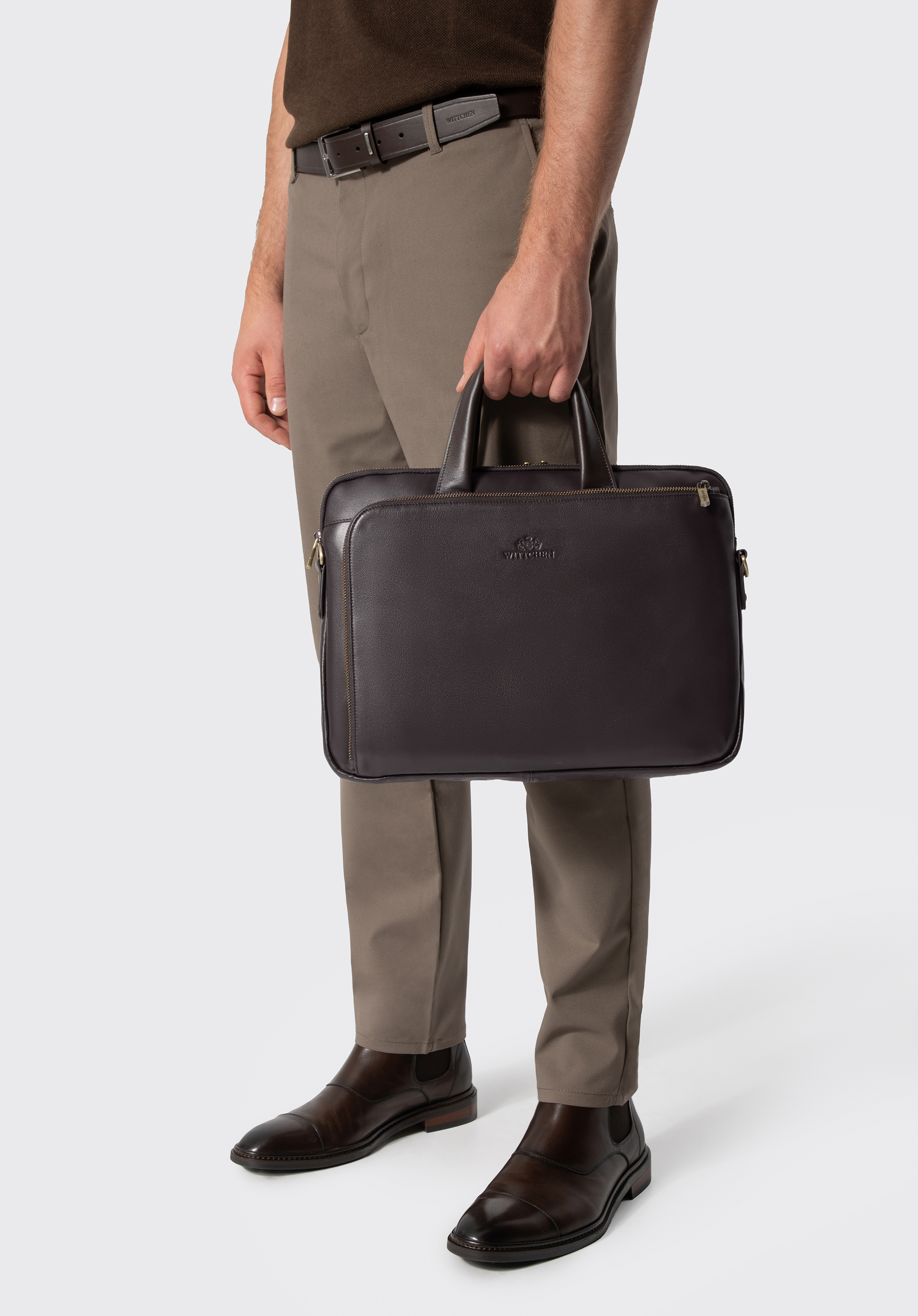 Pánská kožená taška na notebook 15,6" se dvěma přihrádkami, tmavě hnědá, 103-3U-004-4, Obrázek 1