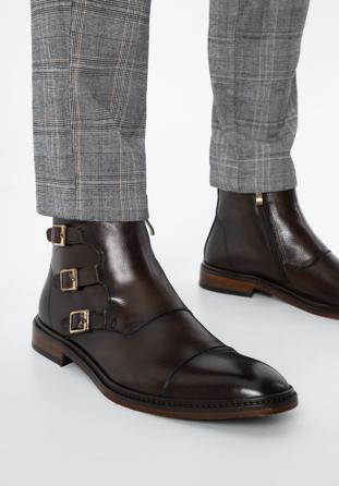 Pánské kožené kotníkové boty s přezkami, tmavě hnědá, 97-M-509-4-44, Obrázek 1