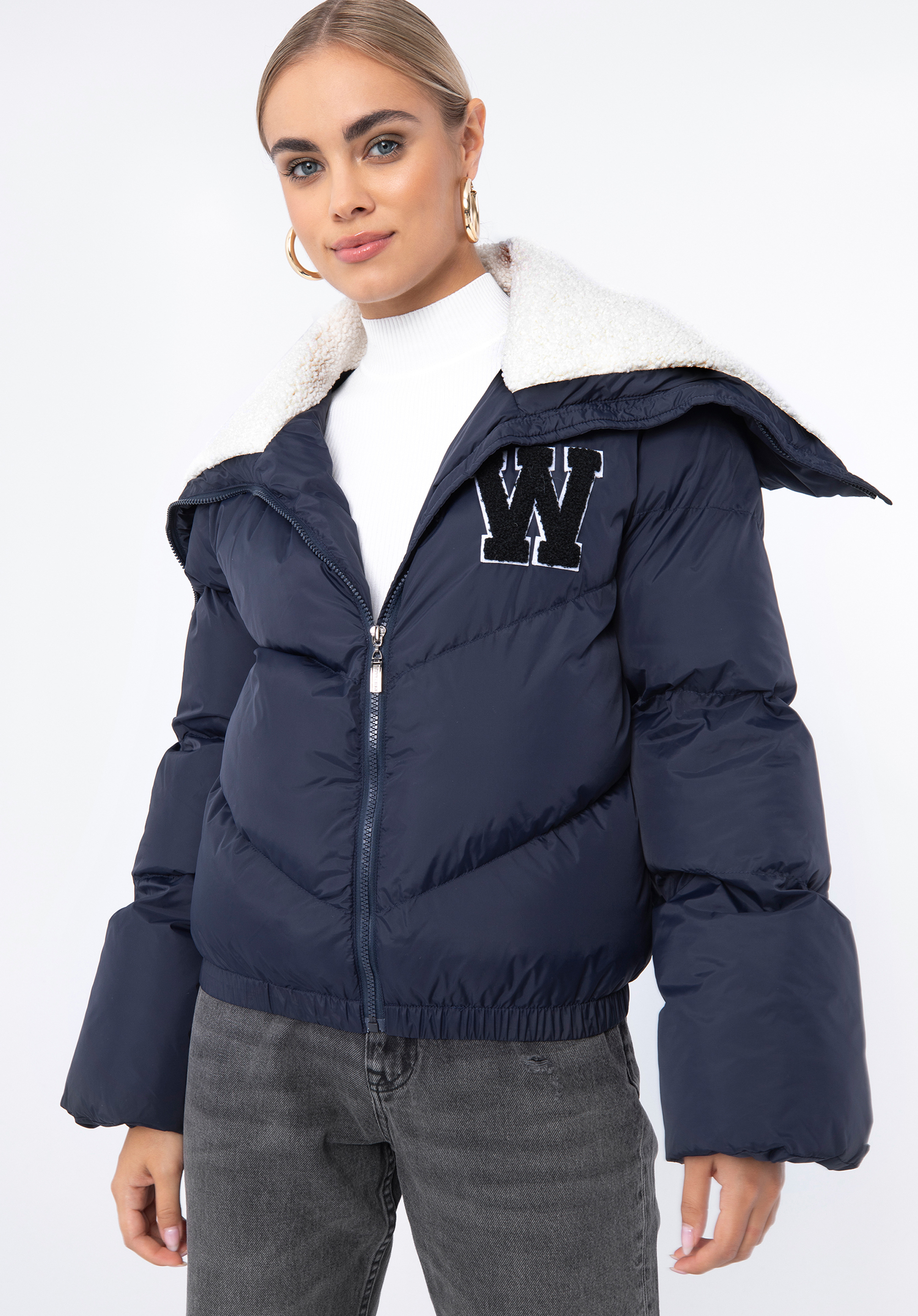 Dámská bunda lemovaným límcem a ekologickou kožešinou, tmavě modrá, 97-9D-901-N-XL, Obrázek 1