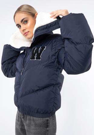 Dámská bunda lemovaným límcem a ekologickou kožešinou, tmavě modrá, 97-9D-901-N-L, Obrázek 1