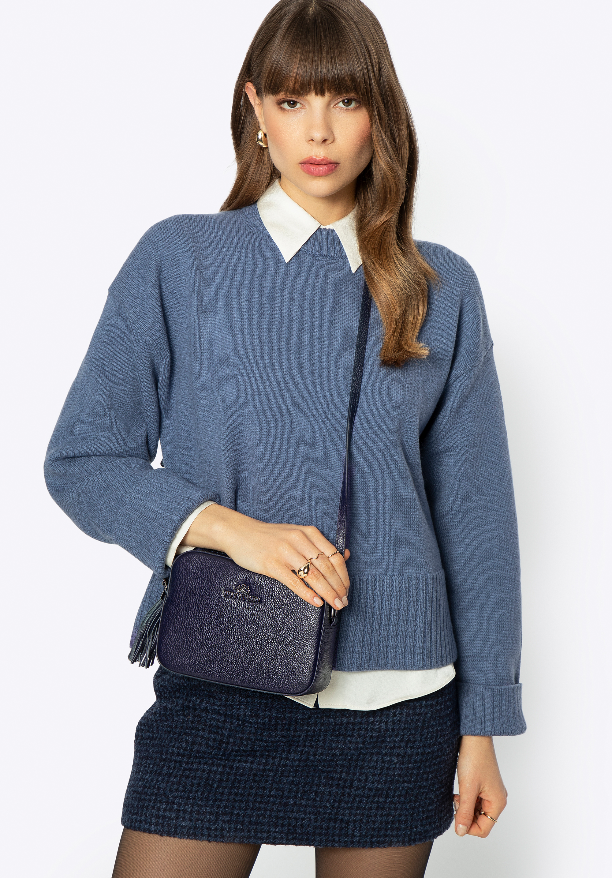 Dámská řetízková kožená crossbody kabelka, tmavě modrá, 29-4E-015-N, Obrázek 1