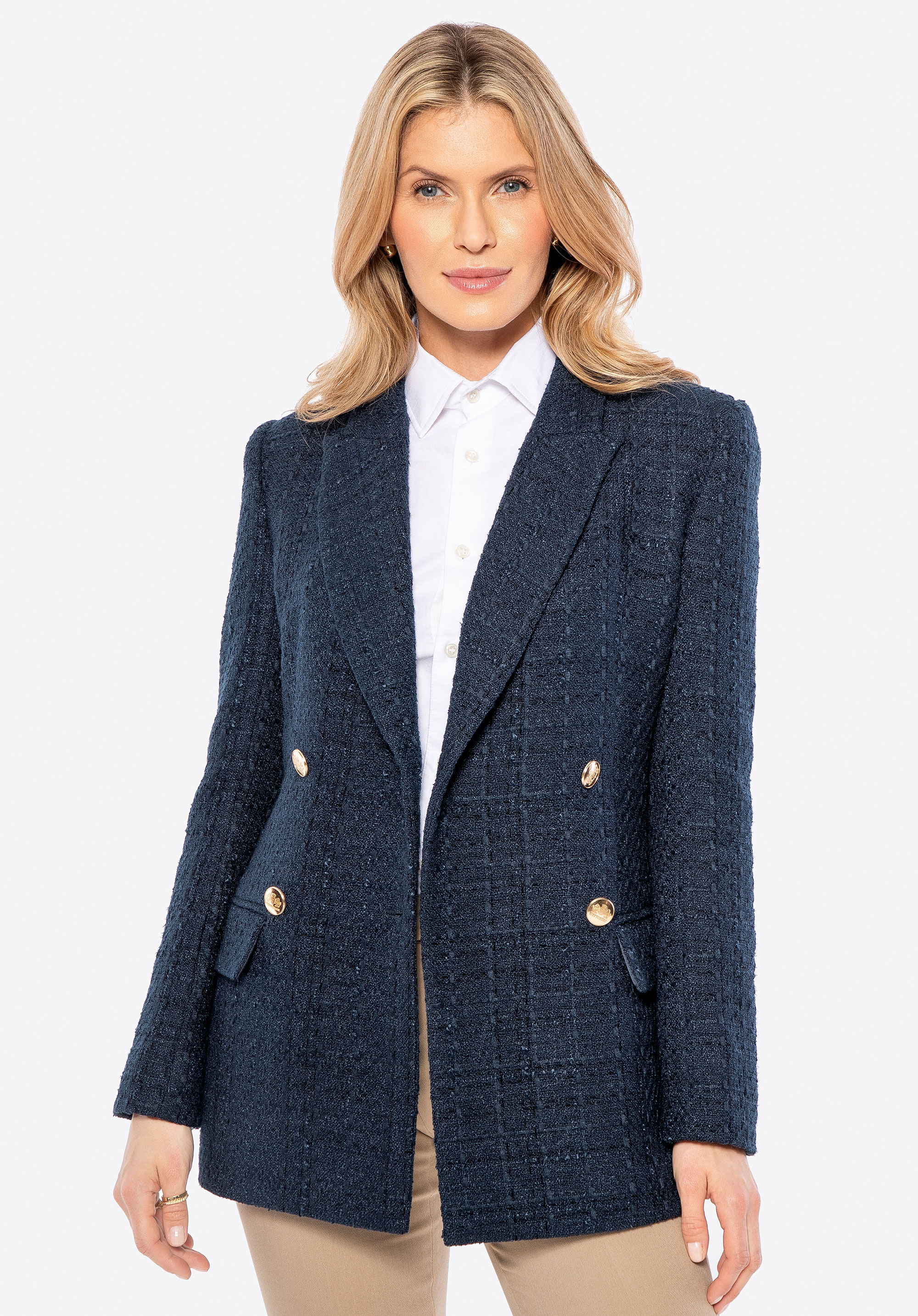 Dámský dlouhý bouclé blazer, tmavě modrá, 100-9X-502-N-L, Obrázek 1