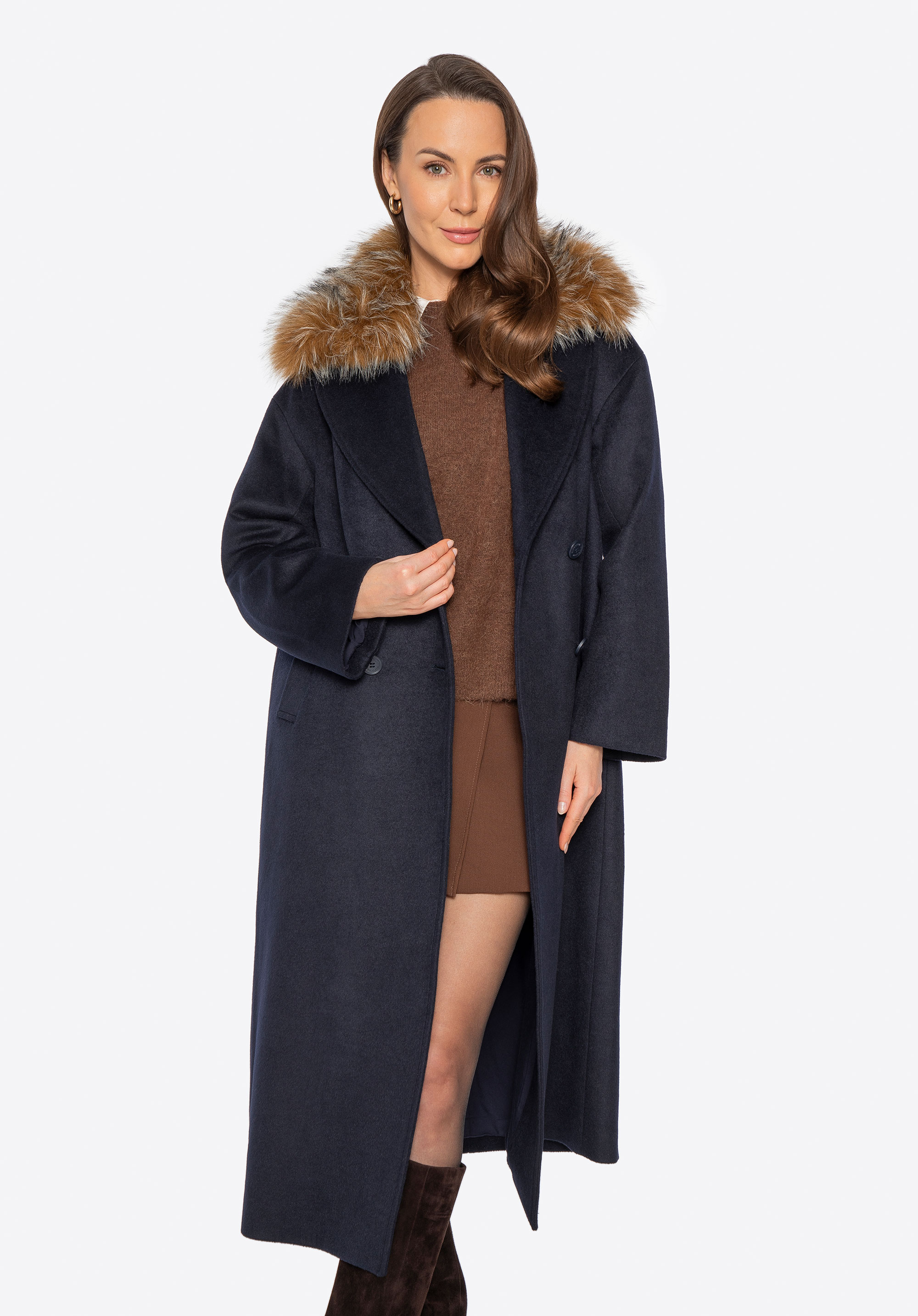 Klasický dámský vlněný kabát, tmavě modrá, 101-9W-501-N-L, Obrázek 1