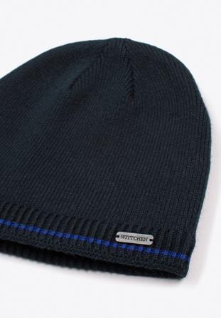 Pánská čepice s barevným proužkem, tmavě modro-modrá, 97-HF-015-7N, Obrázek 1