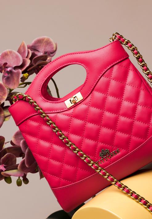 Prošívaná kožená dámská kabelka s řetízkem, tmavě růžová, 98-4E-211-0, Obrázek 35