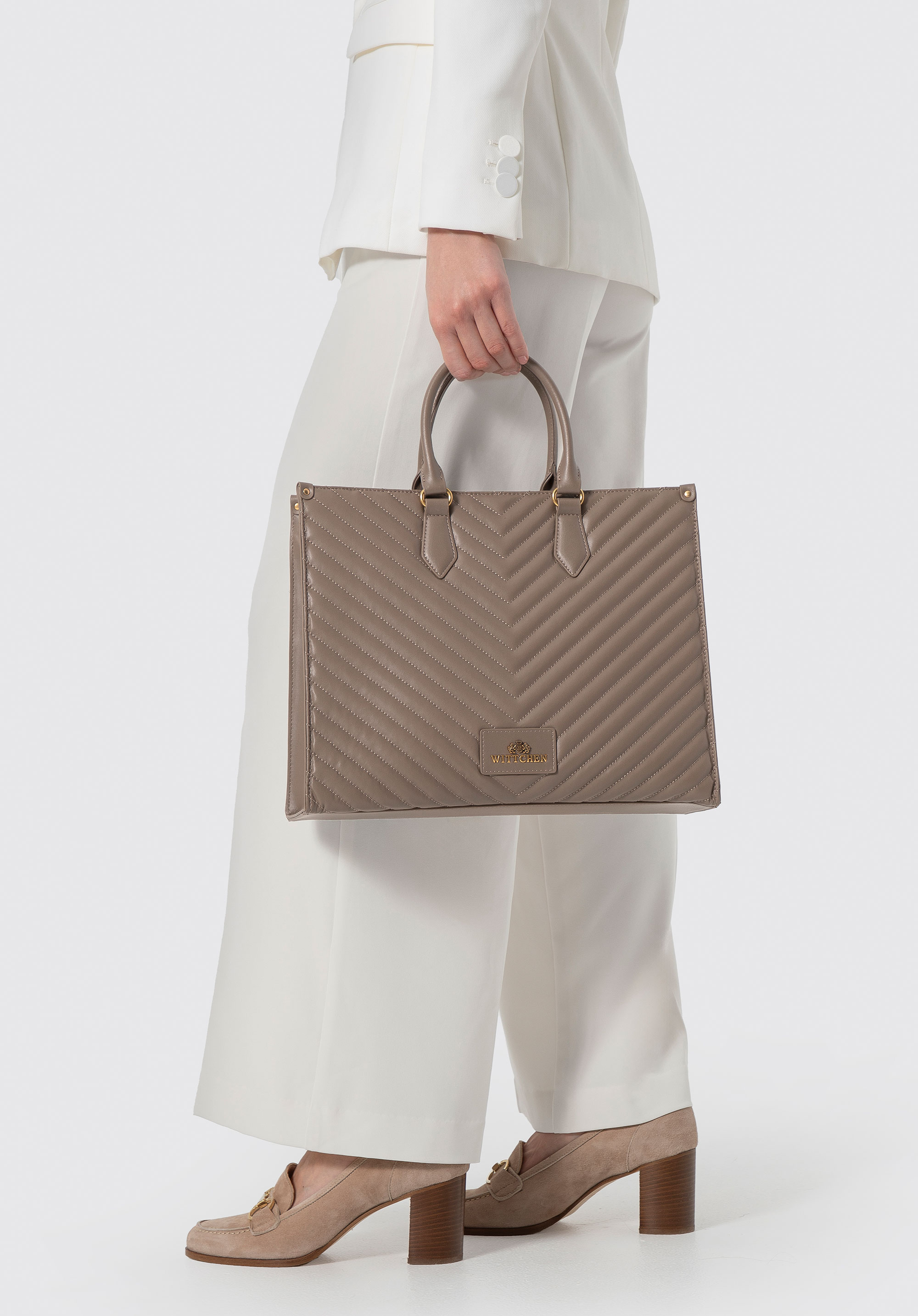 Dámska nákupná taška s prešívanými detailmi, tmavobéžová, 102-4E-205-9, Obrázok 1