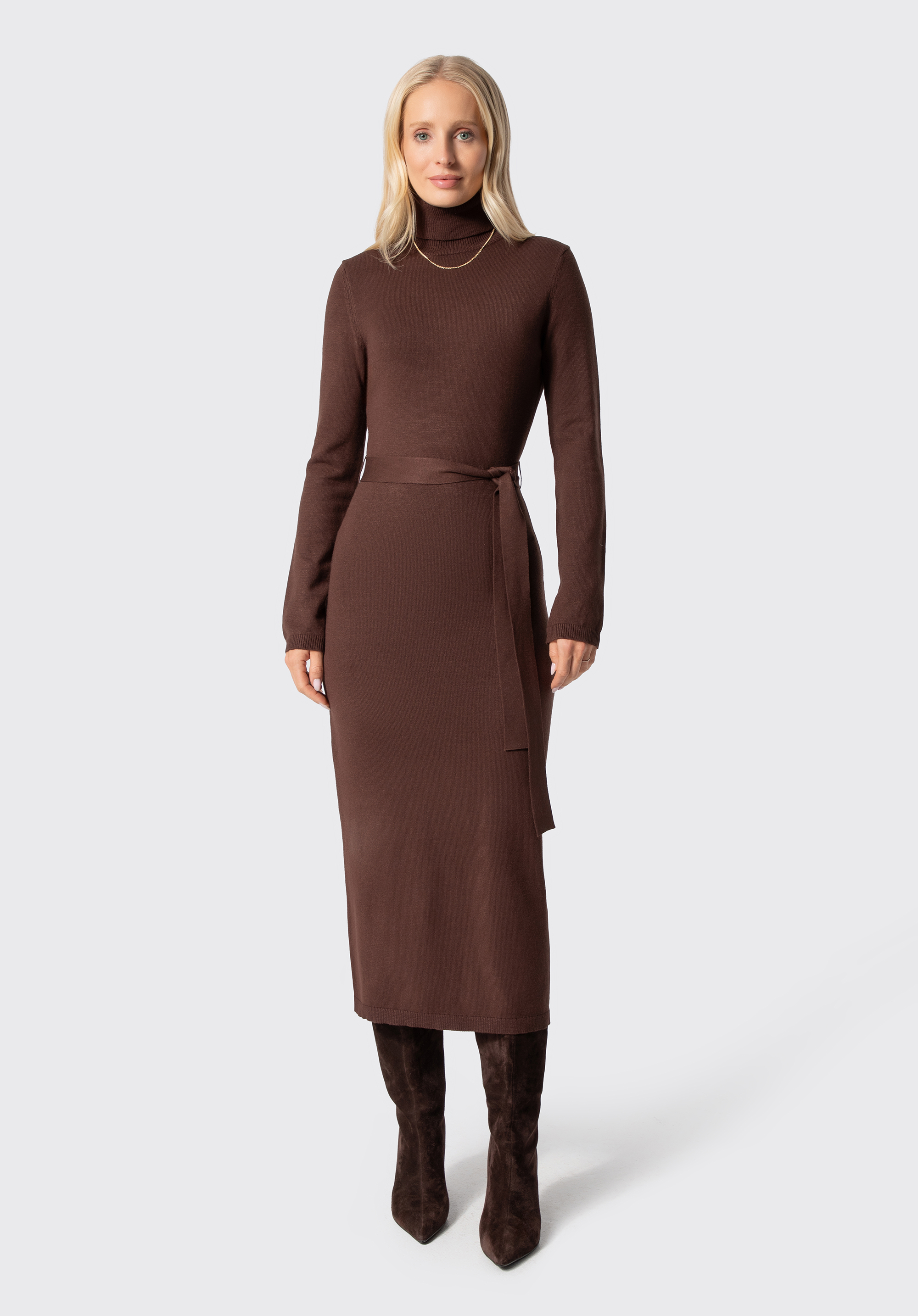 Dámske šaty s rolákom a zaväzovacím opaskom, tmavohnedá, 103-99-900-4-XS, Obrázok 1