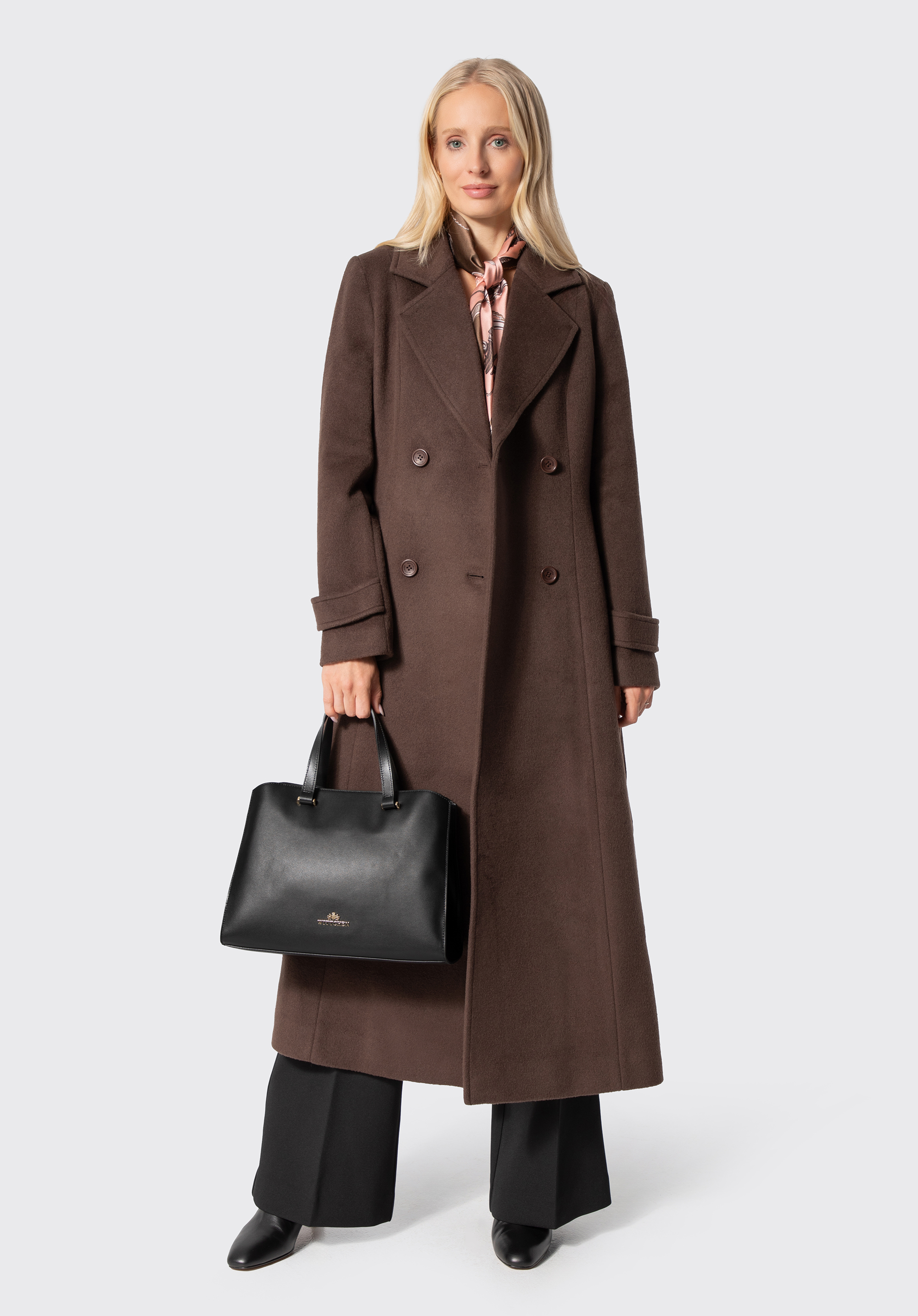 Dámsky dvojradový kabát z vlny a kašmíru, tmavohnedá, 103-9W-701-4-XL, Obrázok 1