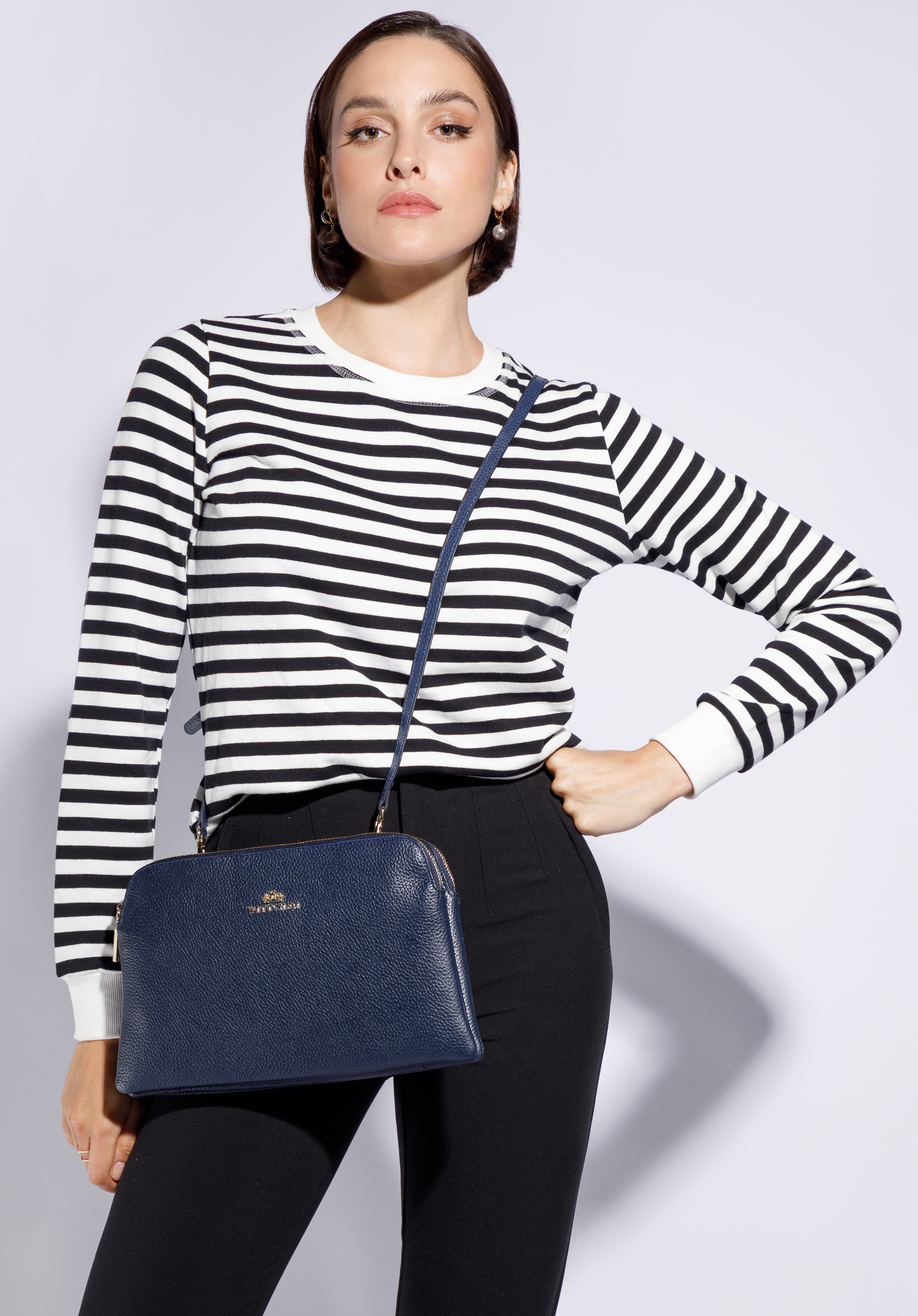 Dámska kožená poštová kabelka dvojkomorová klasická tmavomodrá