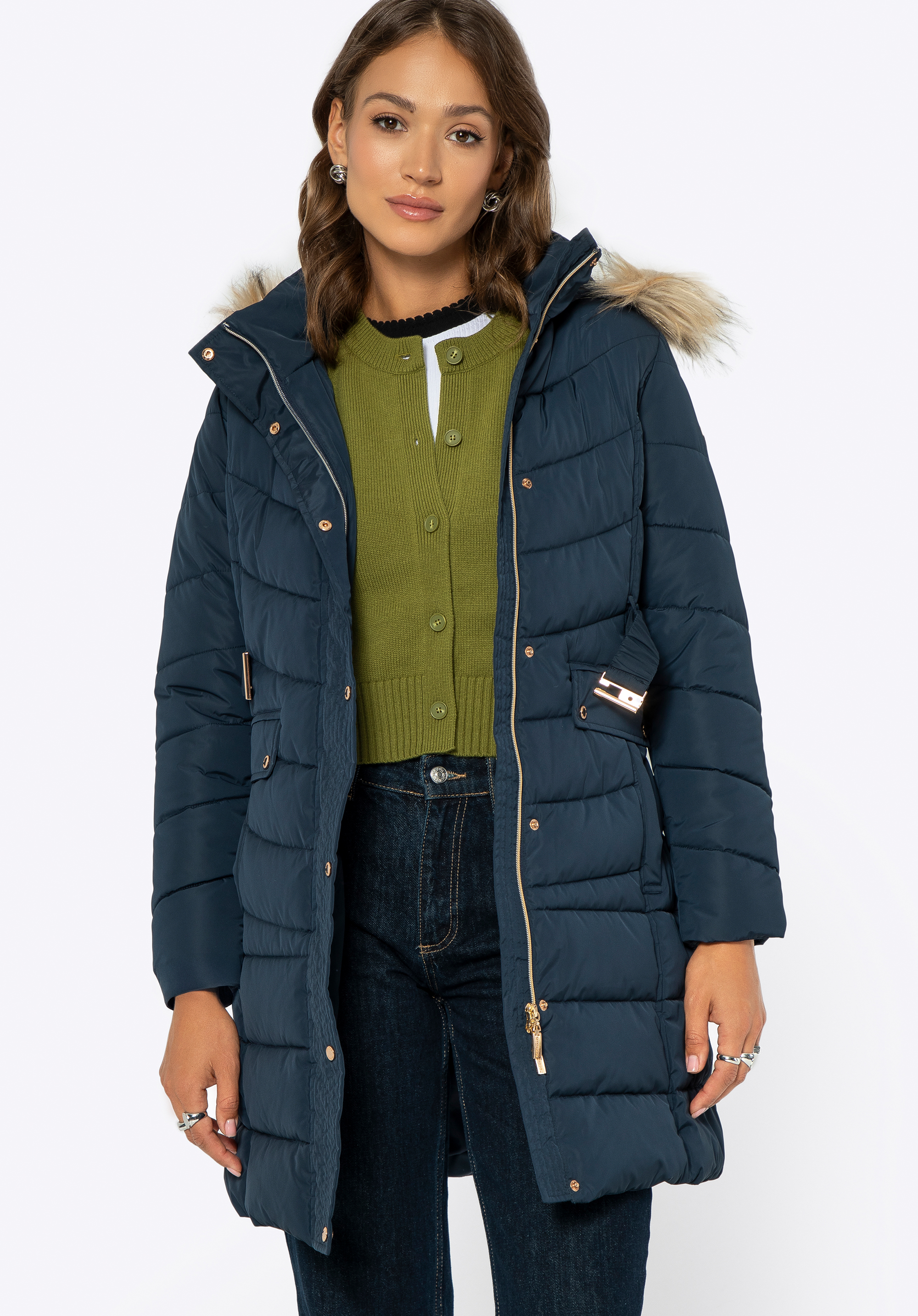 Dámska prešívaná bunda s kapucňou, tmavomodrá, 99-9D-900-1-XL, Obrázok 1