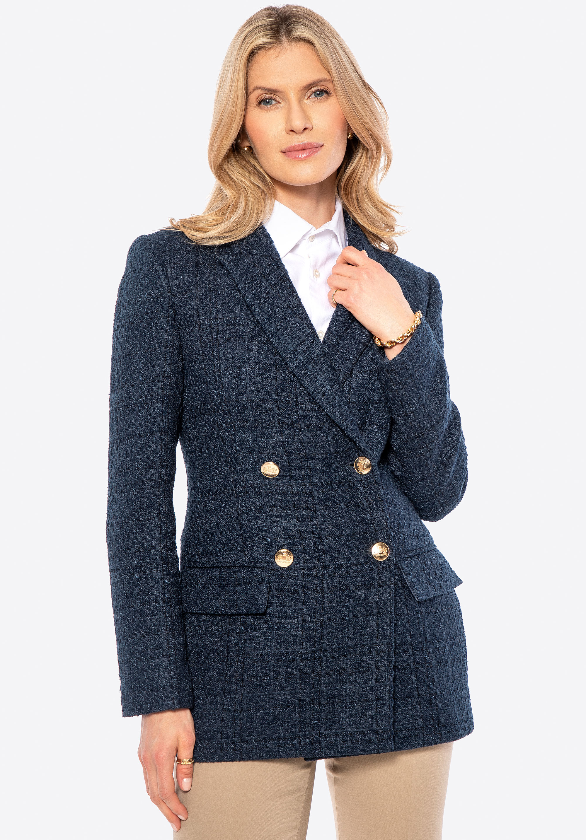 Dámske dlhé sako z buklé, tmavomodrá, 100-9X-502-N-XL, Obrázok 1