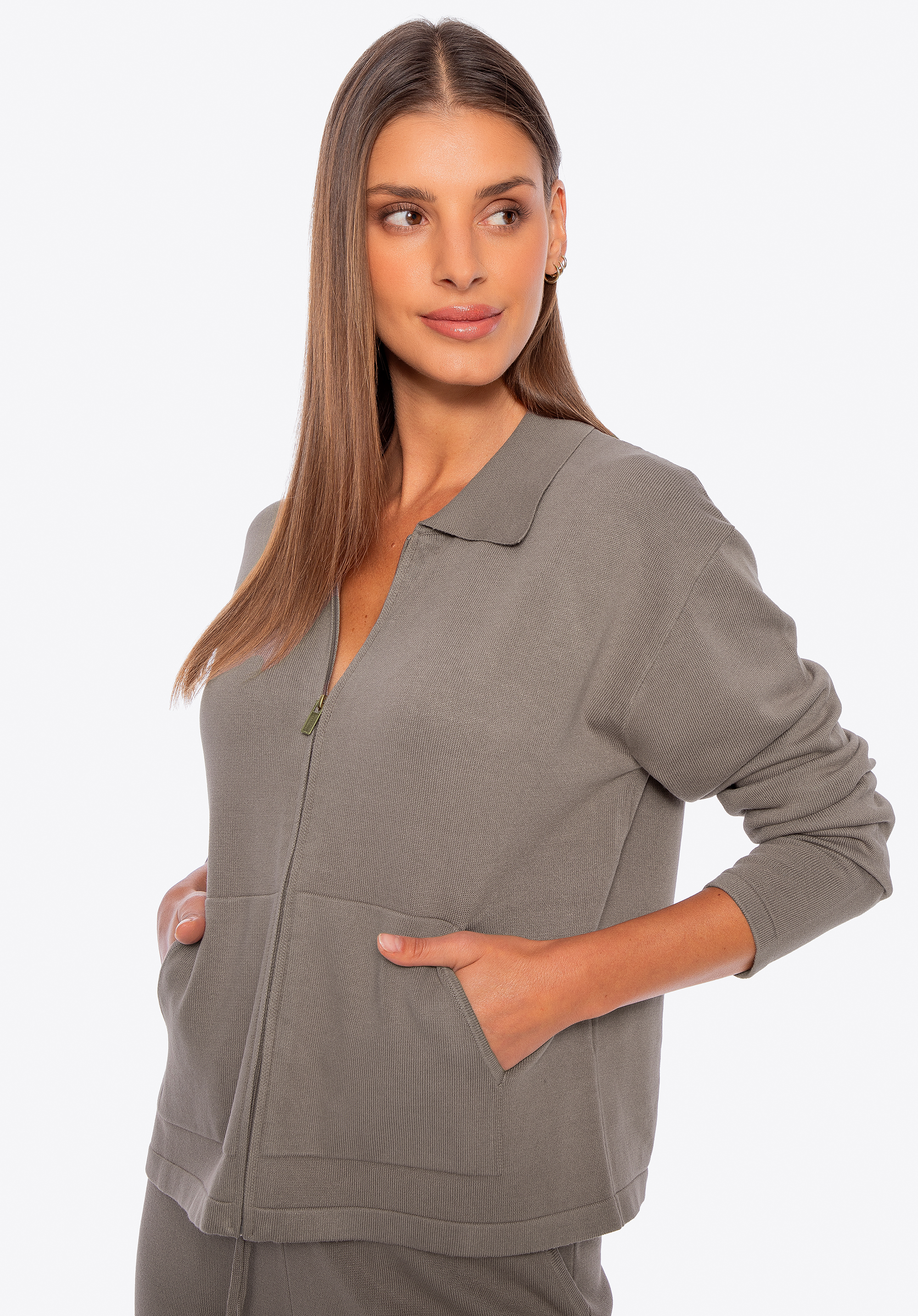 Dámská mikina na zip z viskózy a nylonu, tmavě béžová, 29-99-006-9-S, Obrázek 1