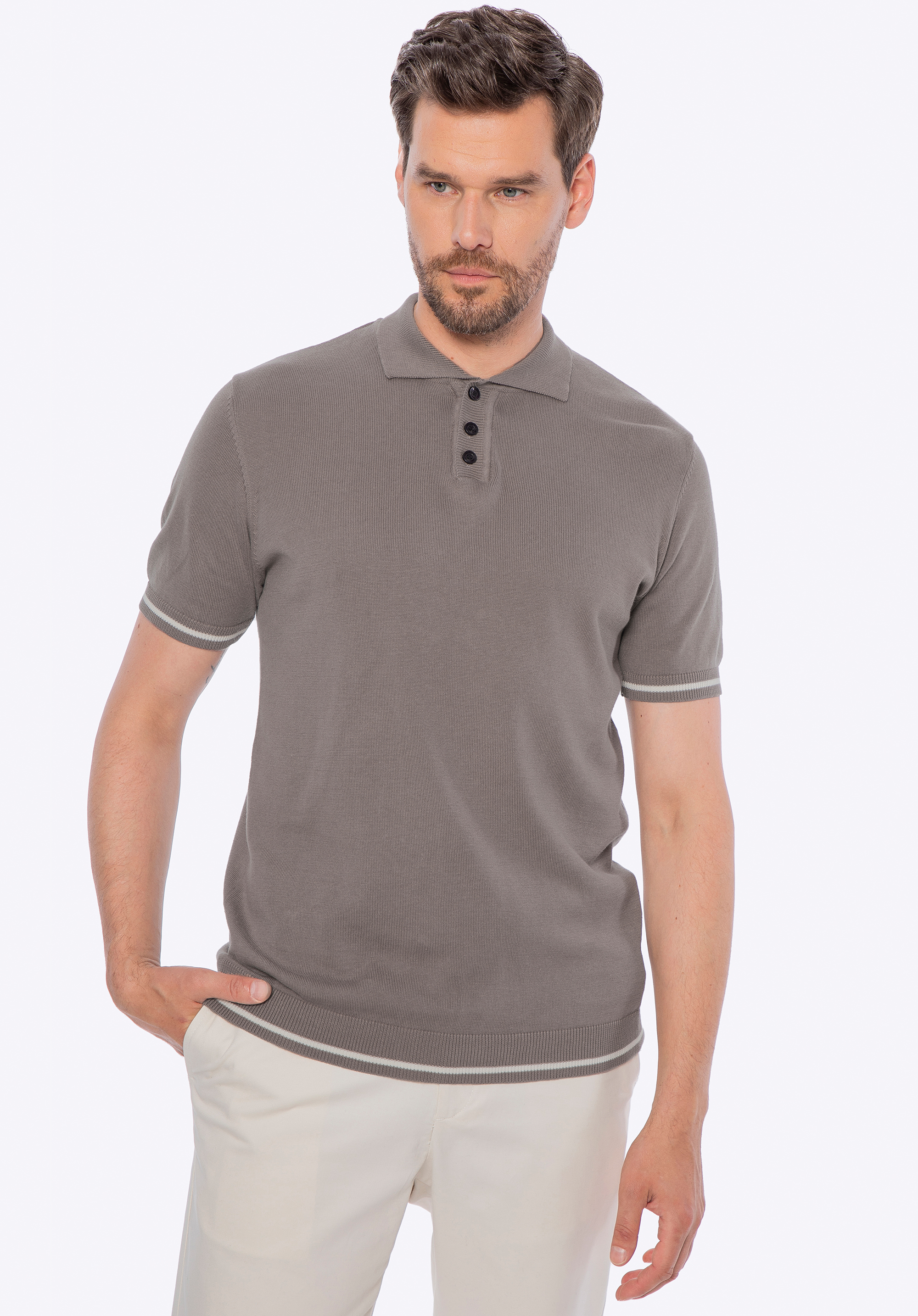 Pánské bavlněné polo tričko s kontrastním lemováním, tmavě béžová, M0-99-107-9-L, Obrázek 1