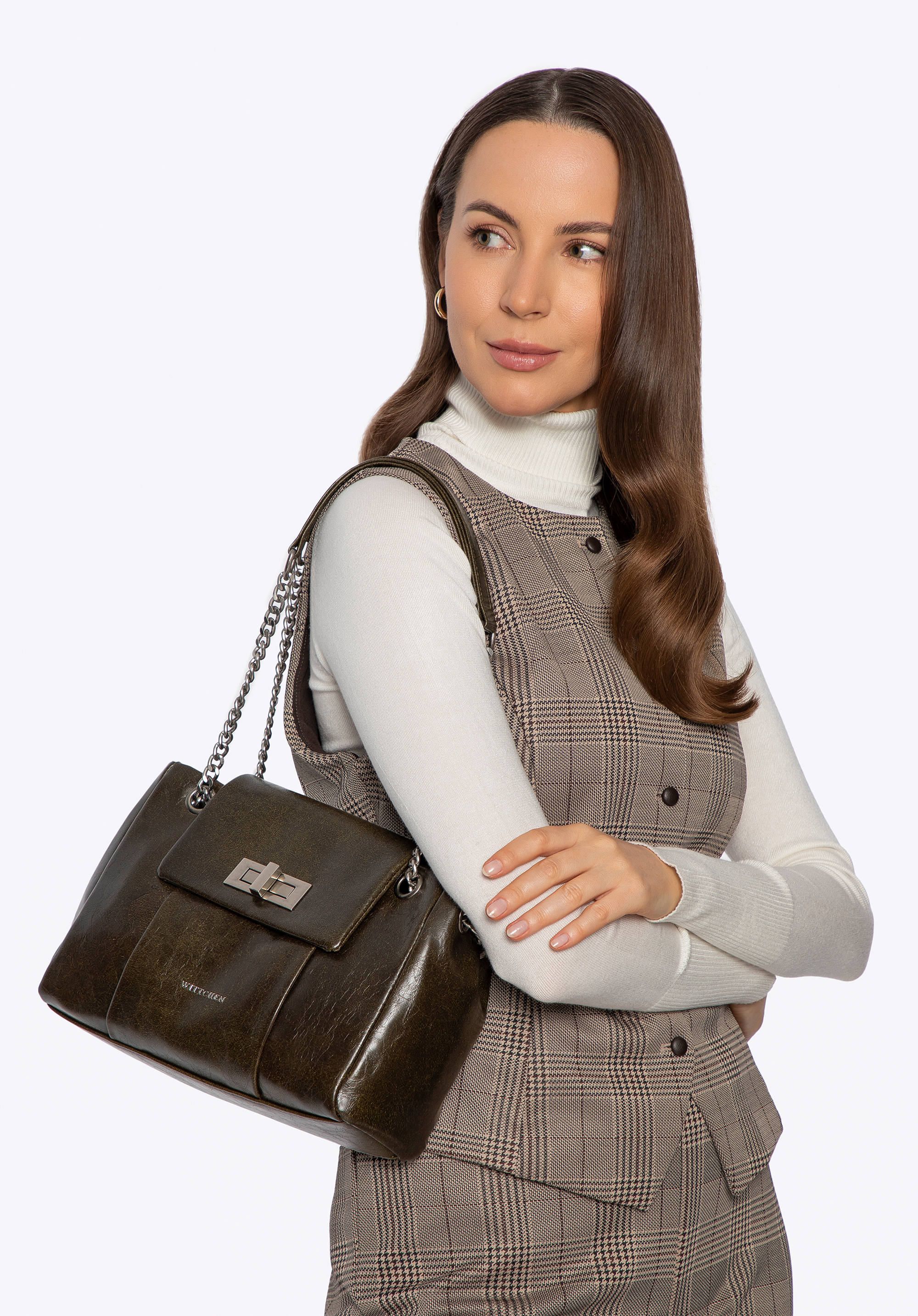 Dámská crossbody kabelka z umělé kůže s řetízkovým popruhem, tmavozelený, 101-4Y-410-Z, Obrázek 1