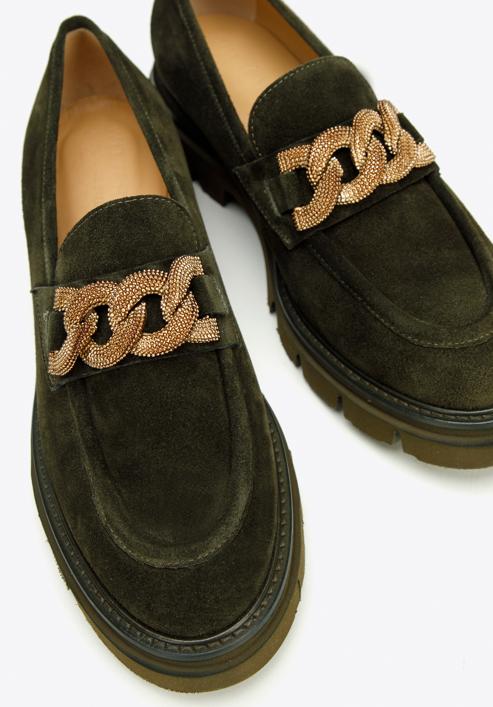 Dámské semišové boty s ozdobným řetízkem na platformě, tmavozelený, 97-D-104-Z-39, Obrázek 7