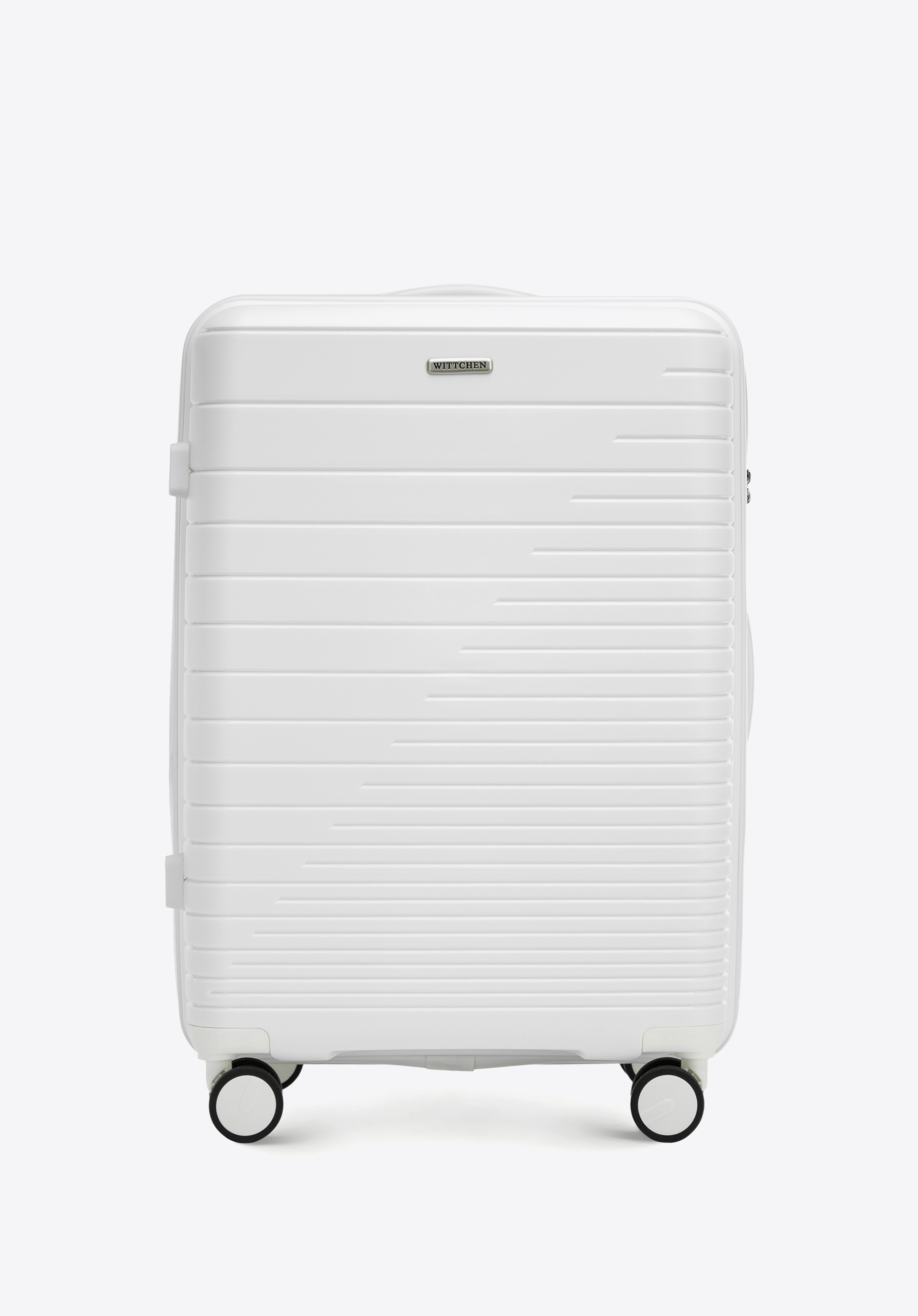 Közepes bőrönd polipropilénből fényes csíkokkal, törtfehér, 56-3T-162-89, Fénykép 1