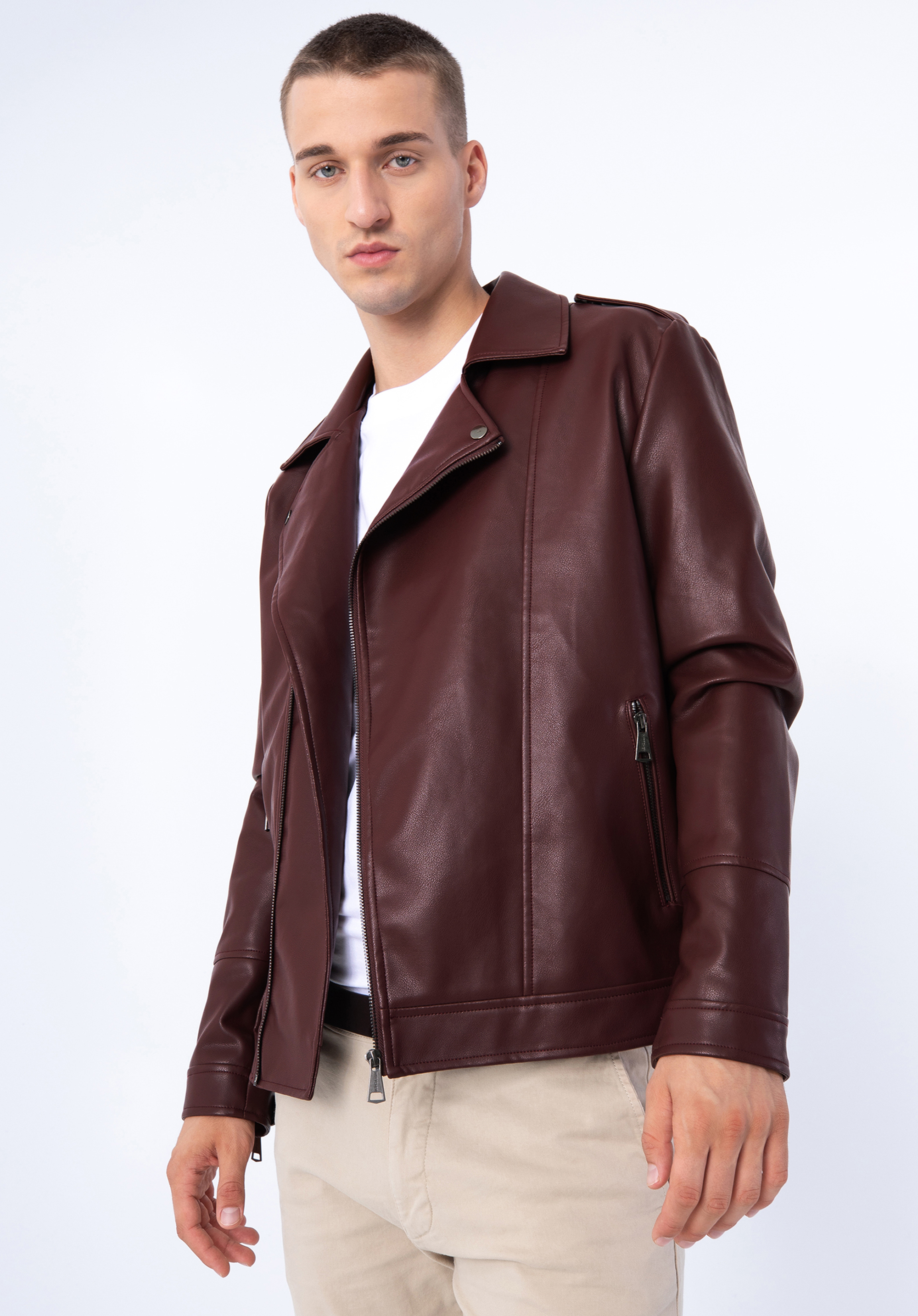 Pánská bunda z ekologické kůže, třešňová, 97-9P-154-3-2XL, Obrázek 1