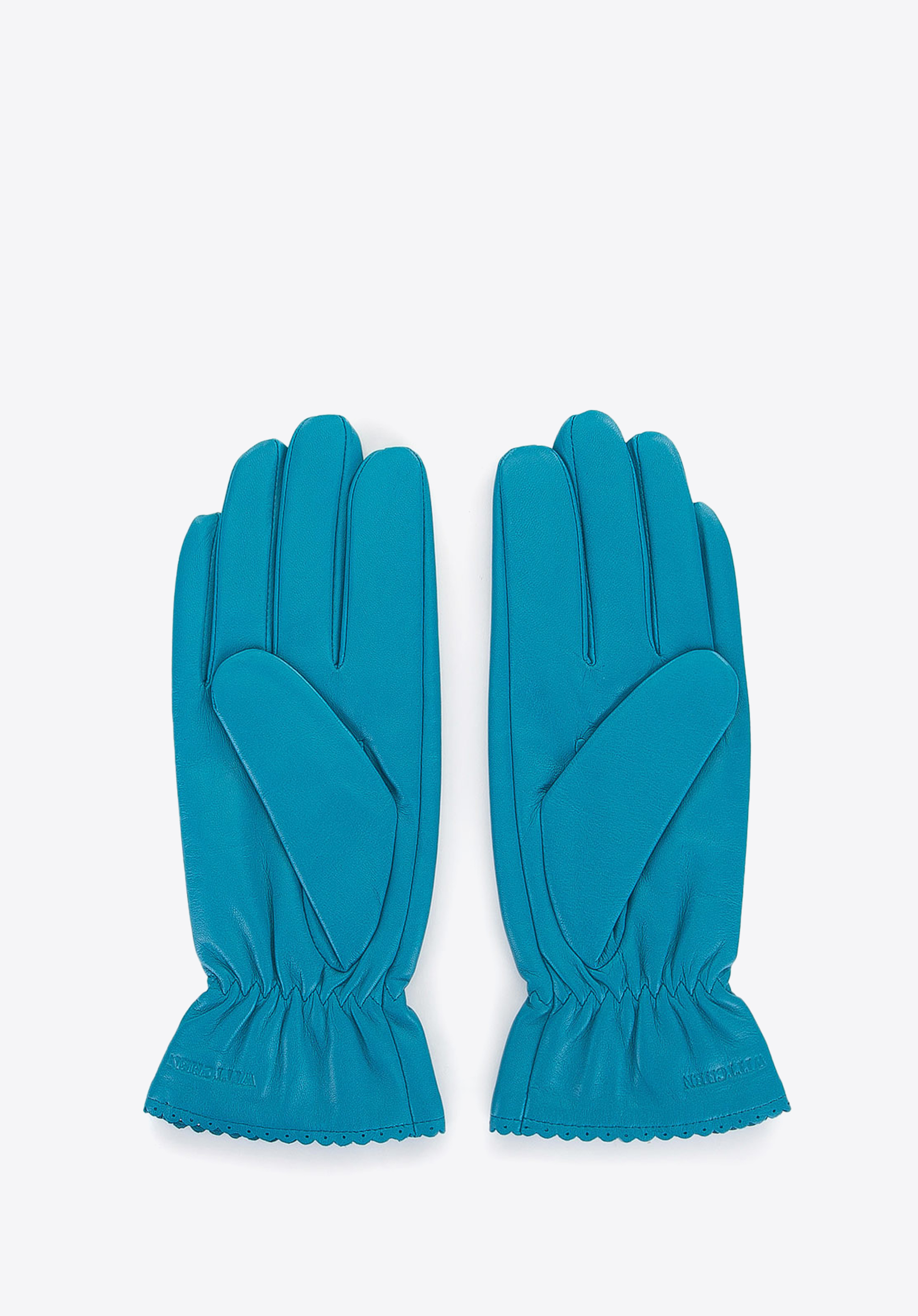 Lederhandschuhe für Damen mit Rüsche, türkis, 39-6-646-TQ-S, Bild 1