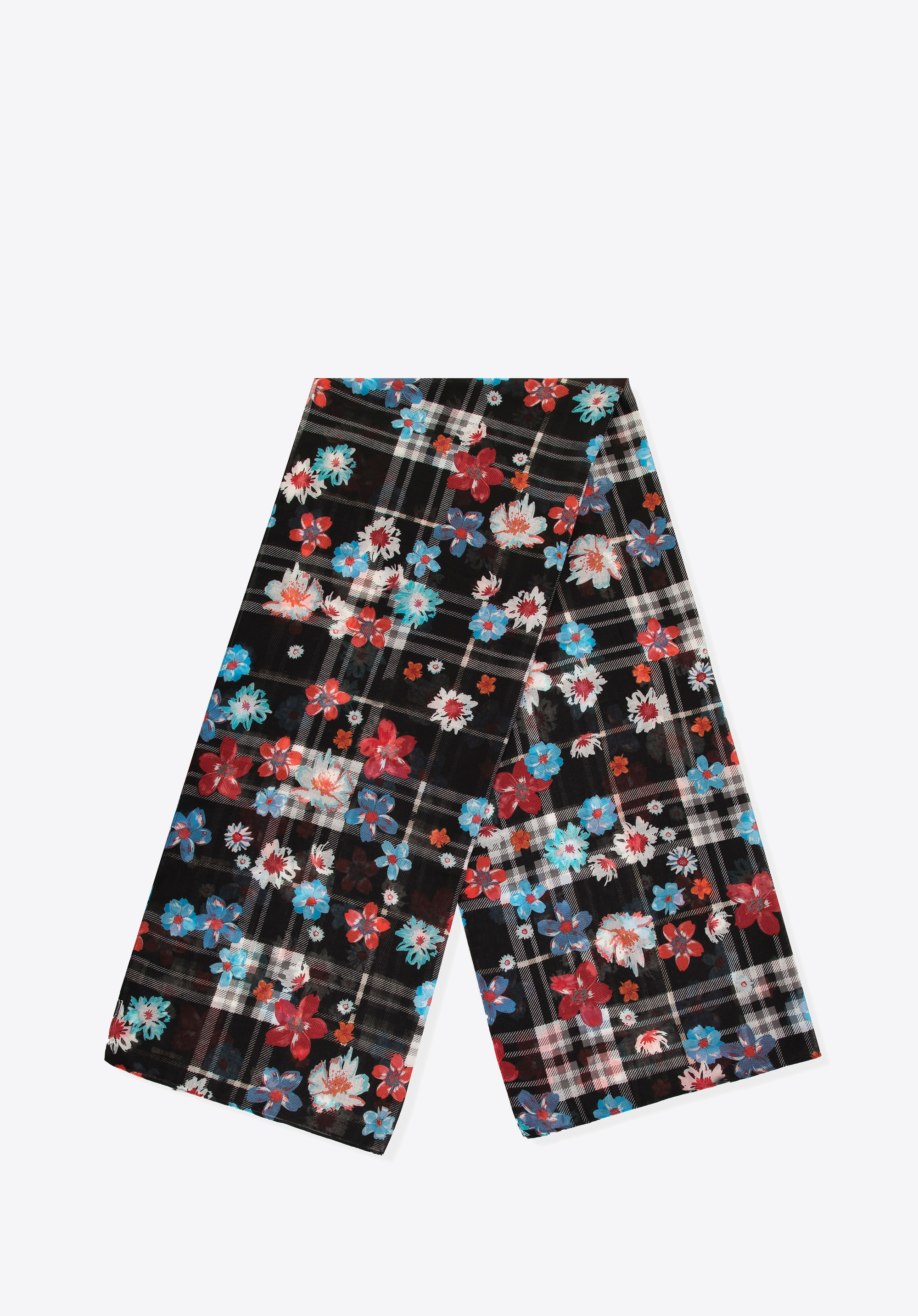 Vékony, virágos és kockás női sál, fekete piros, 98-7D-X09-X3, Fénykép 1