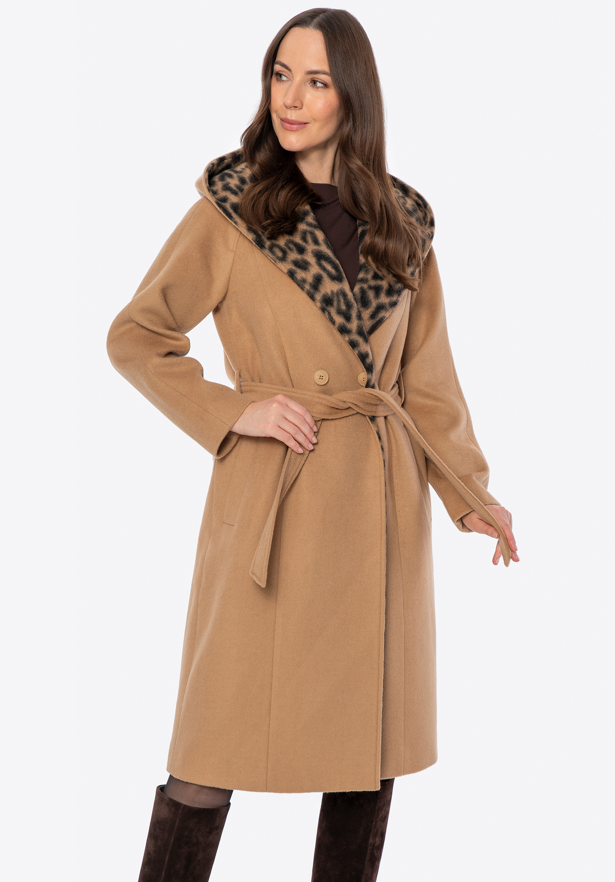 Dámský vlněný kabát s dvouřadým zapínáním, velbloud, 101-9W-503-5-M, Obrázek 1