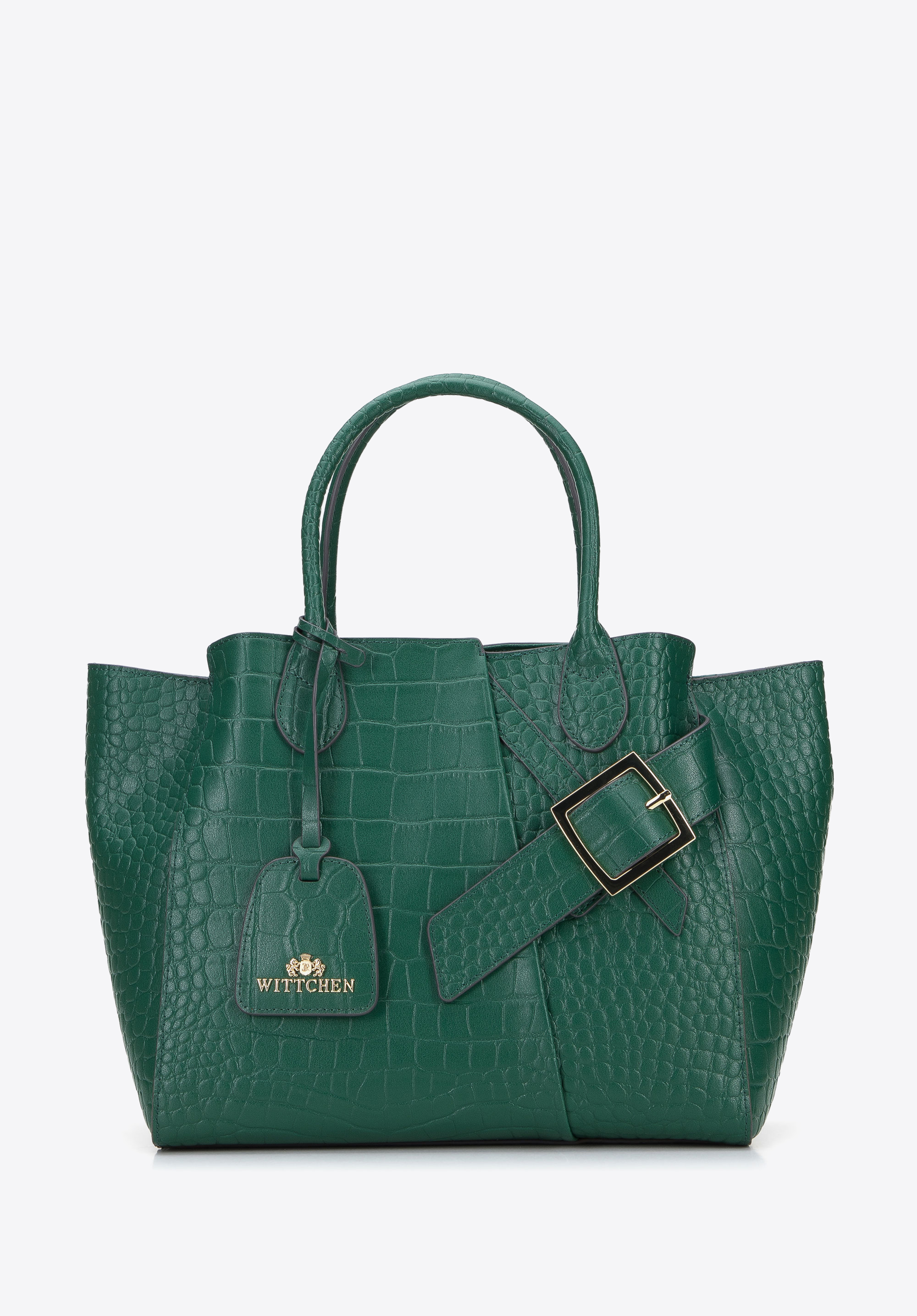Geantă de tip cufăr din piele cu cataramă decorativă, verde-aurie, 95-4E-643-ZZ, Fotografie 1