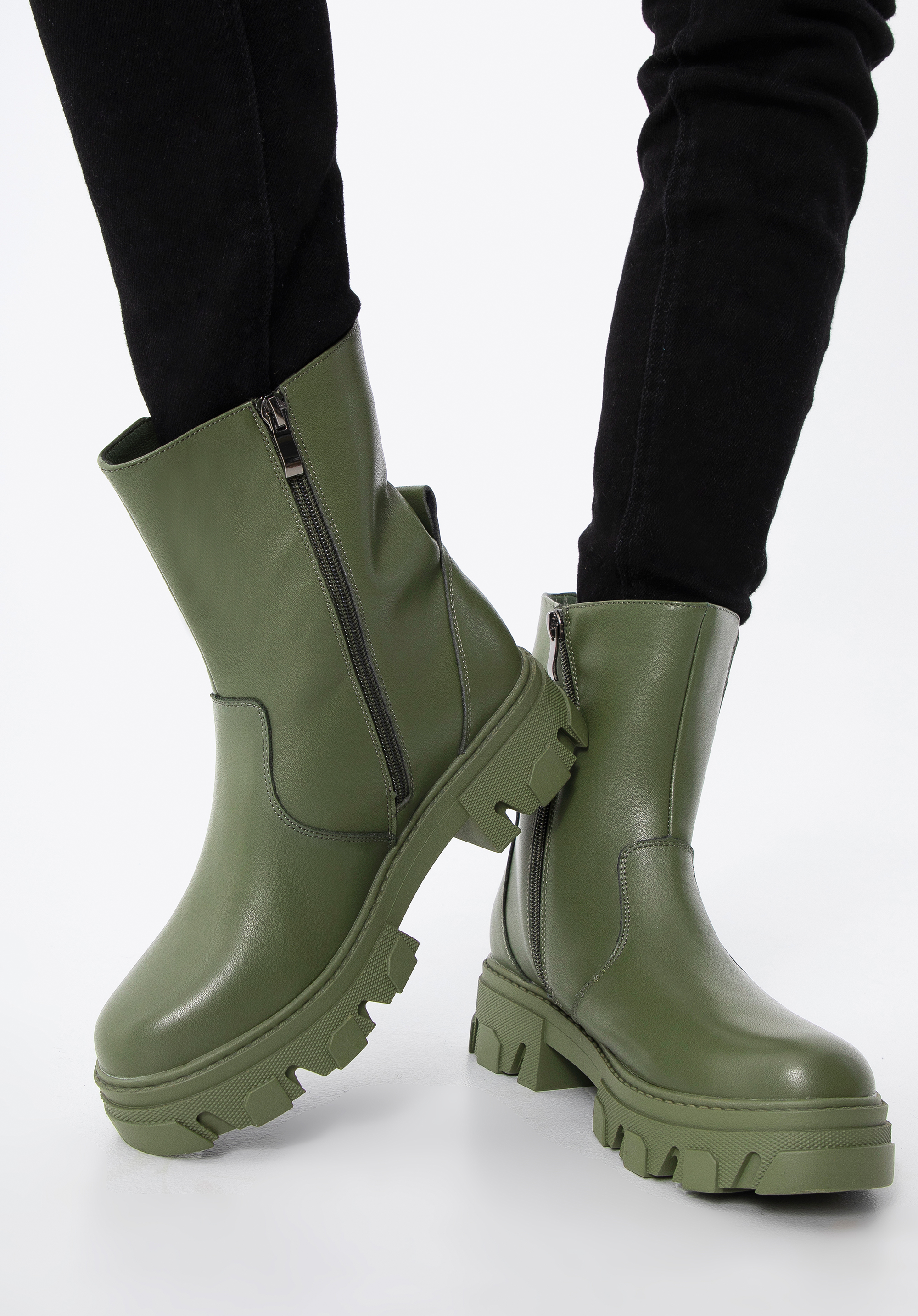 Botine cu platformă din piele, verde, 97-D-858-Z-35, Fotografie 1