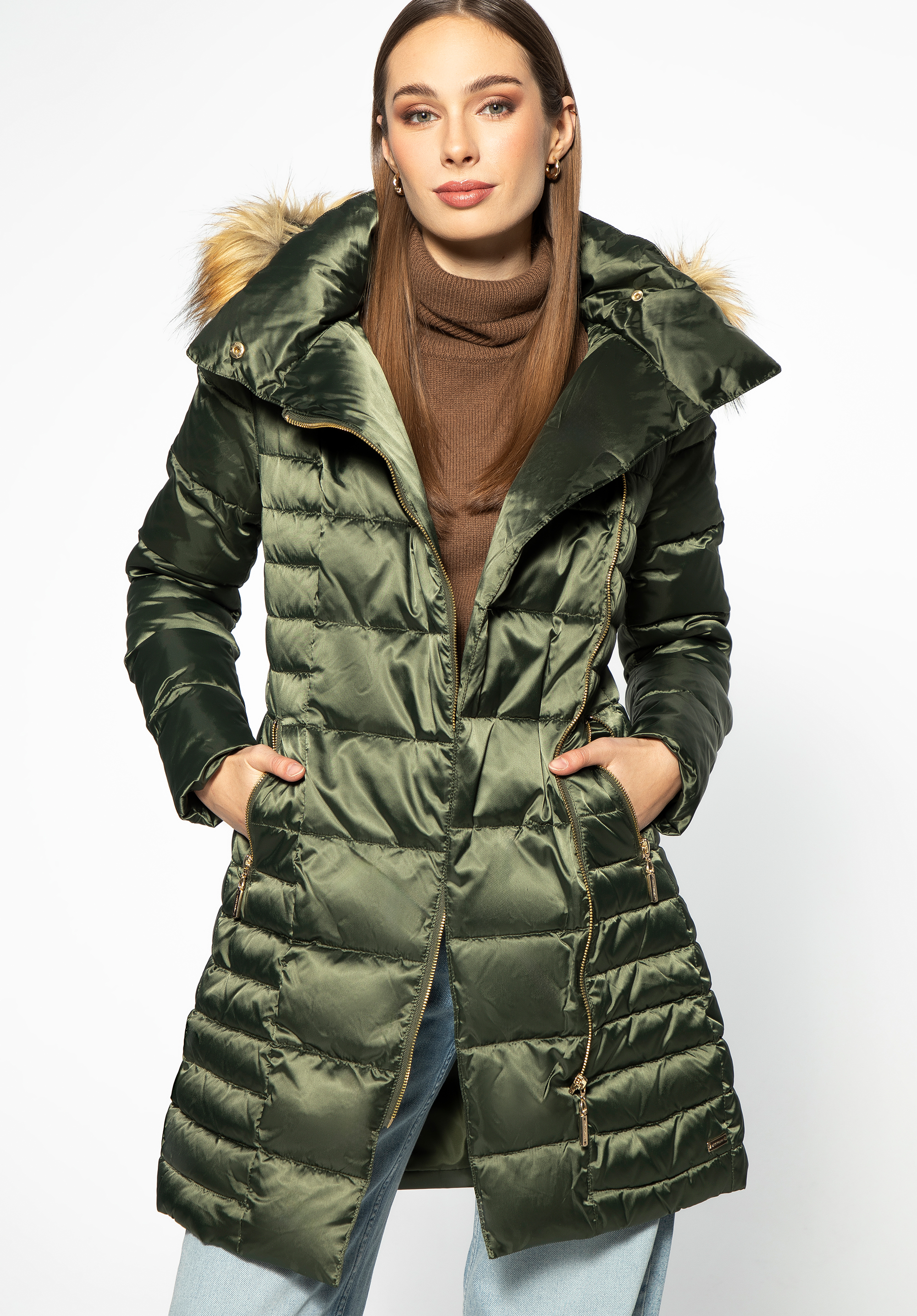 Geacă de puf de damă cu închidere asimetrică, verde, 95-9D-403-Z-XL, Fotografie 1