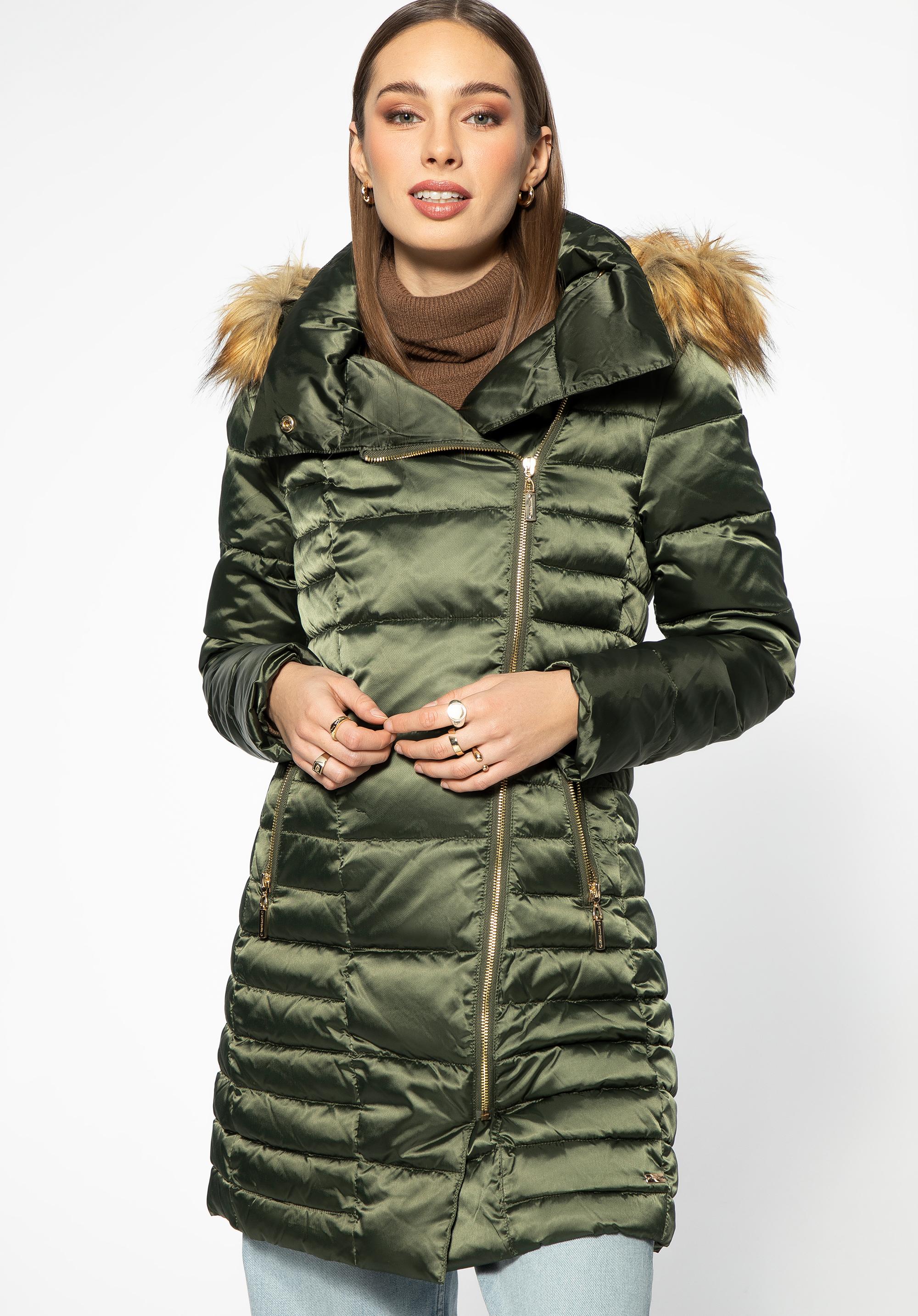 Geacă de puf de damă cu închidere asimetrică, verde, 95-9D-403-Z-XL, Fotografie 1