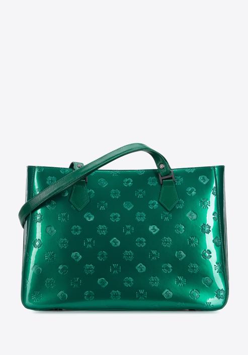 Geantă shopper din piele lucioasă cu monogramă, verde, 34-4-098-PP, Fotografie 1