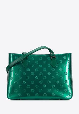 Geantă shopper din piele lucioasă cu monogramă, verde, 34-4-098-00, Fotografie 1