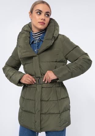 Jachetă în puf pentru femei cu curea și guler înalt