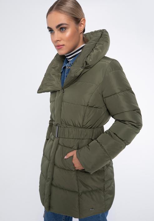 Jachetă în puf pentru femei cu curea și guler înalt, verde, 97-9D-400-N-S, Fotografie 3