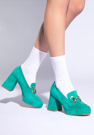 Pantofi cu platformă din piele de căprioară, cu detalii cu cataramă, verde, 96-D-509-Z-41, Fotografie 1