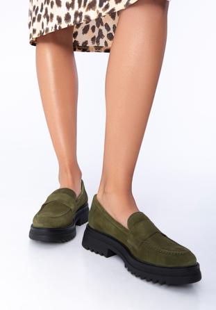 Pantofi cu platformă din piele de căprioară pentru femei, verde, 97-D-303-Z-36, Fotografie 1