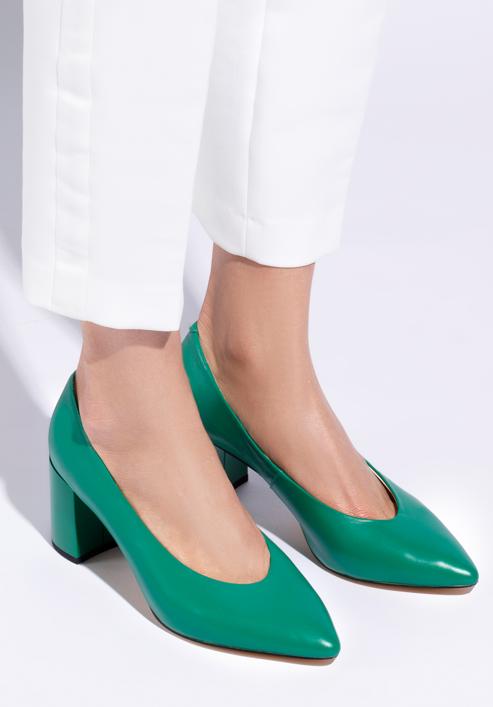 Pantofi damă din piele clasici din piele cu toc pătrat, verde, 96-D-501-Z-35, Fotografie 15