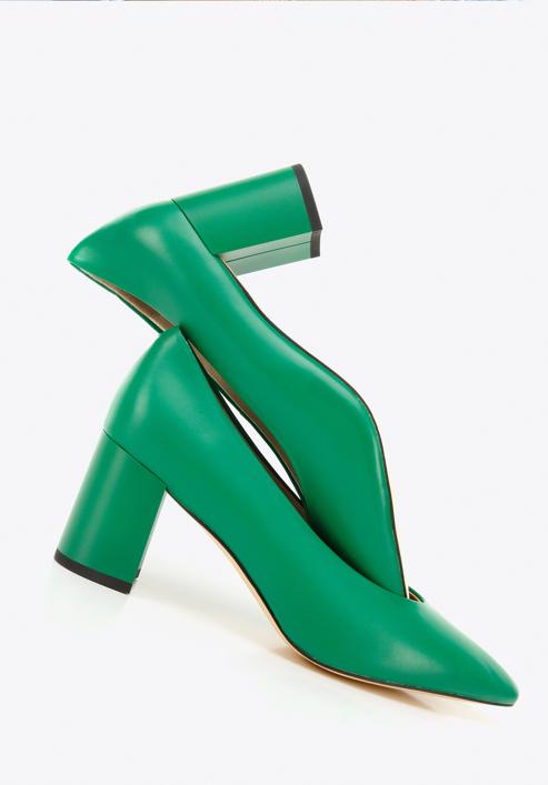 Pantofi damă din piele clasici din piele cu toc pătrat, verde, 96-D-501-P-39, Fotografie 7