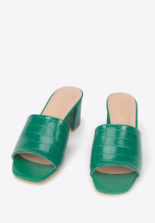 Papuci de damă din piele ecologică croco cu toc, verde, 94-DP-204-Z-40, Fotografie 1